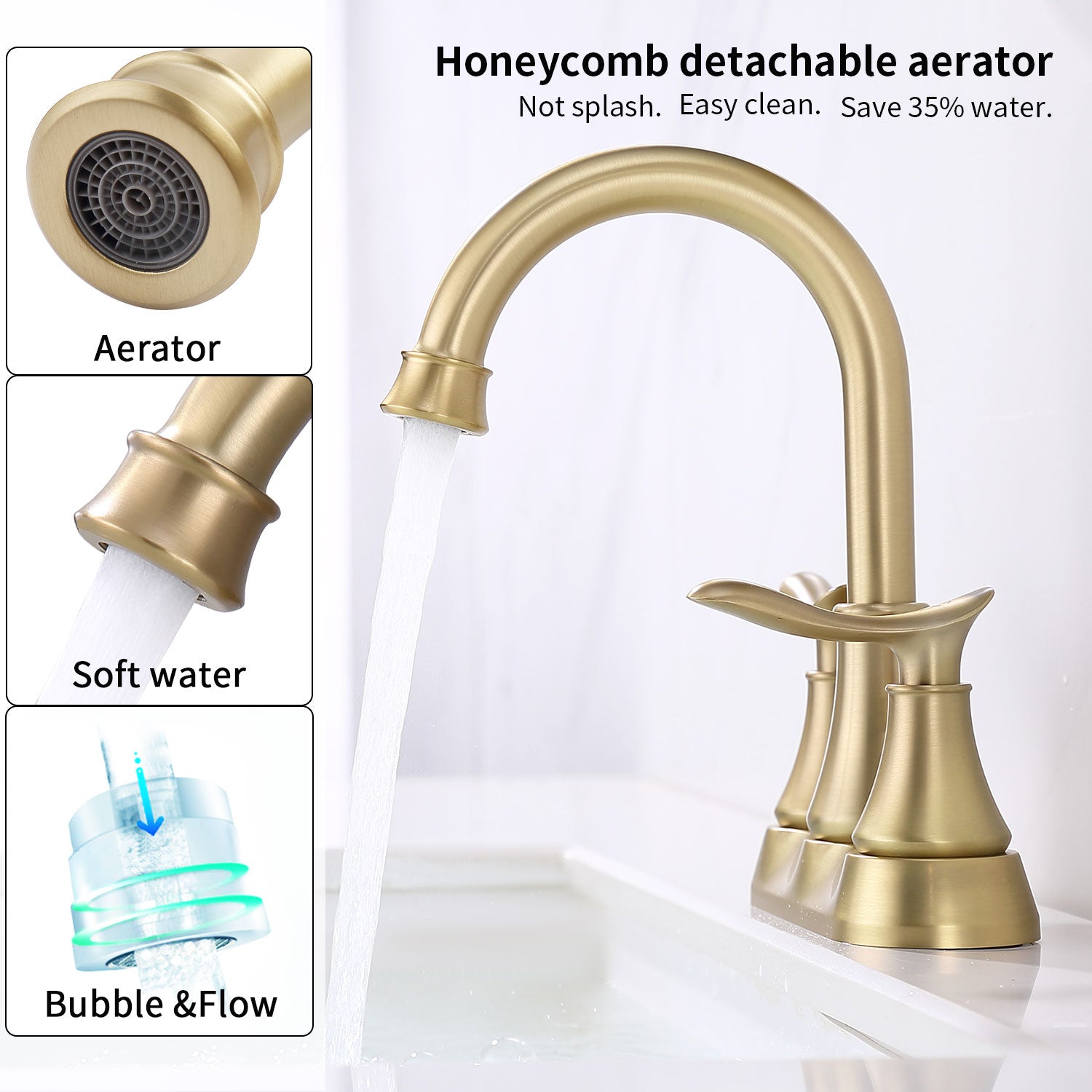 Double Handle 4-Inch Brushed Gold Bathroom Vanity Sink Faucets with Pop-up Drain and Supply Hoses