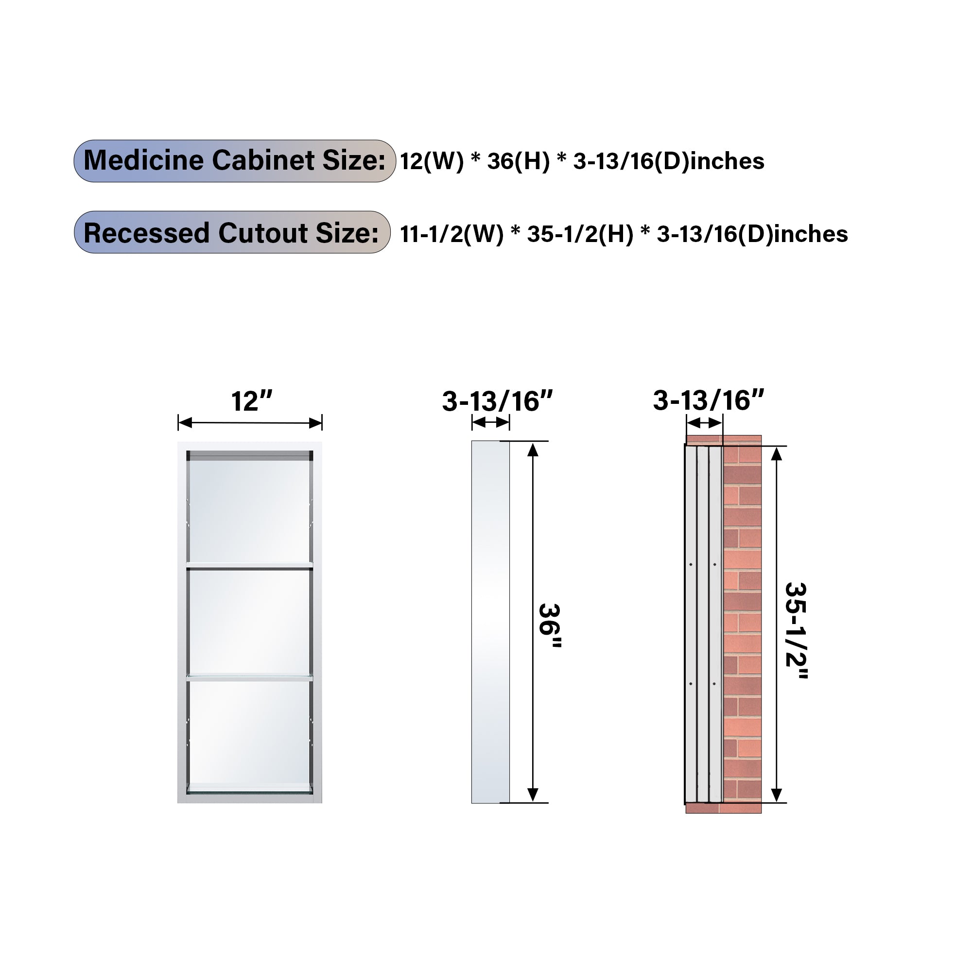 12 in.×36 in. Recessed/Surface Mount Aluminum Medicine Cabinet with Open Shelves and 3 PCS Tempered Glass