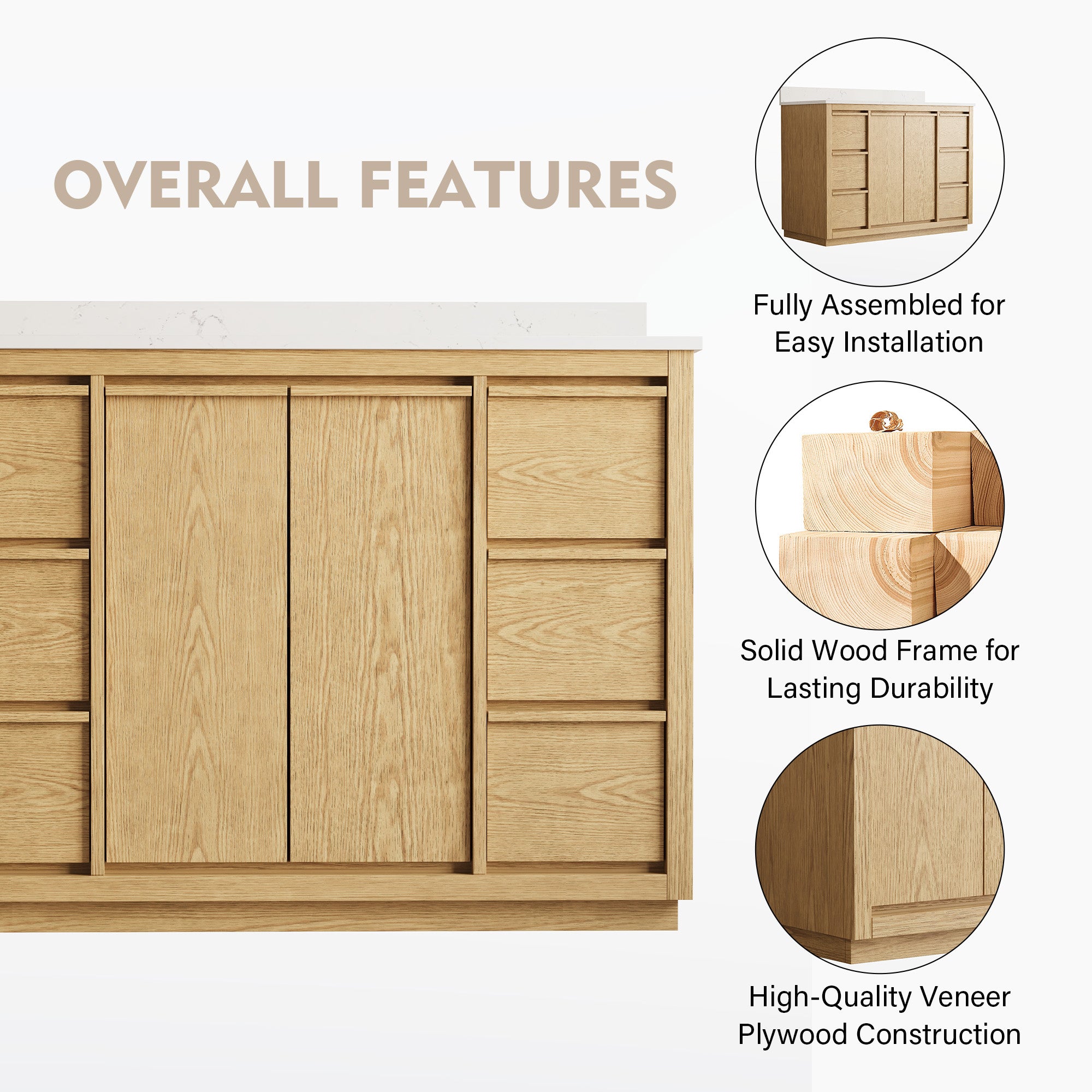 48 Inch Oak Soild Wood Bathroom Vanity with Sink, 6 Dovetail-constructed Drawers and 2 Soft-close Doors