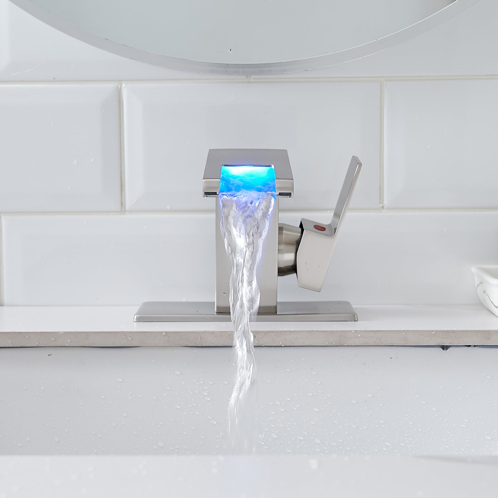 Single Handle LED Waterfall Bathroom Sink Faucet with Deck Plate, Temperature-Sensitive 3-Color Light