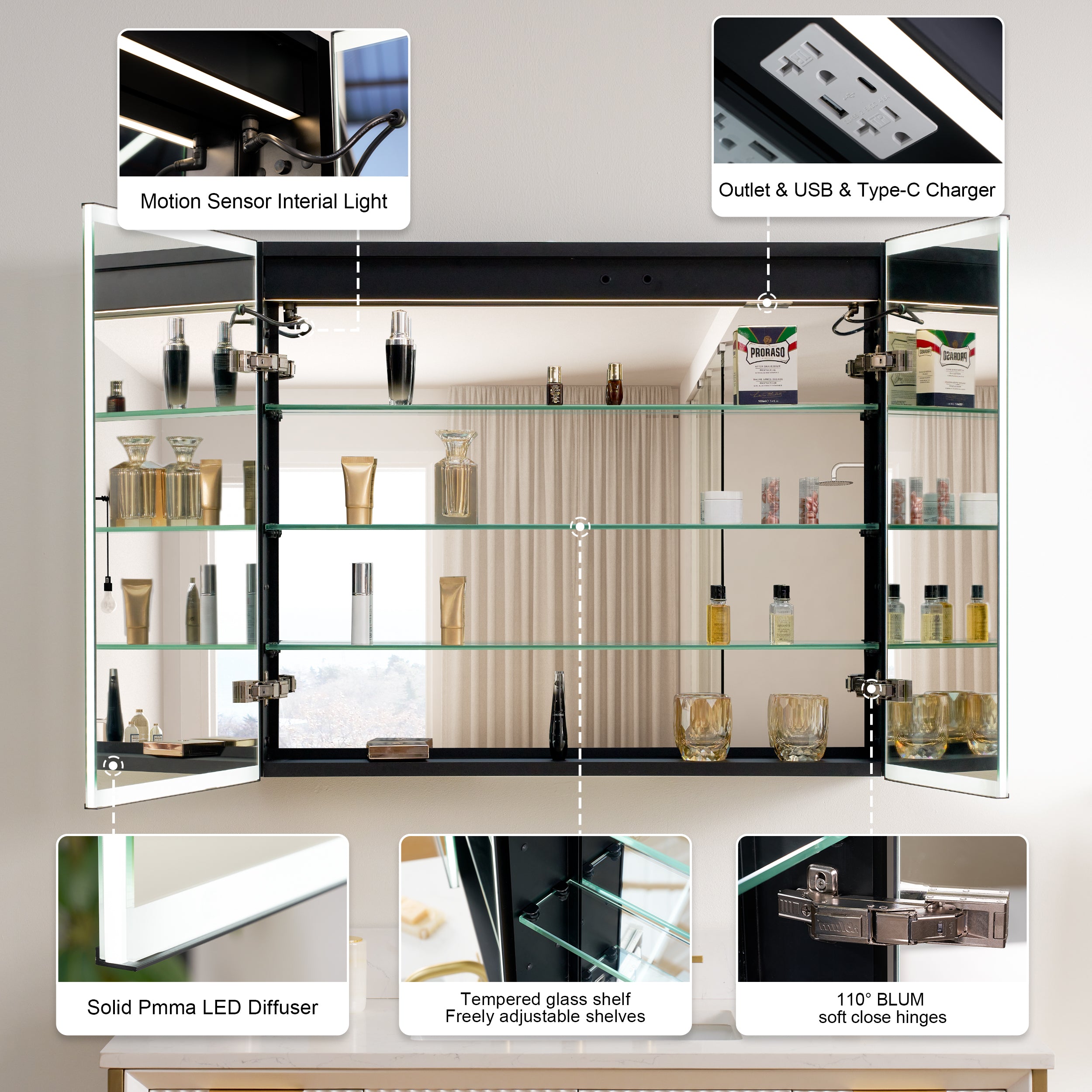 36 in. x 30 in. Black Aluminum Recessed/Surface Mount Medicine Cabinet with Mirror and LED Light