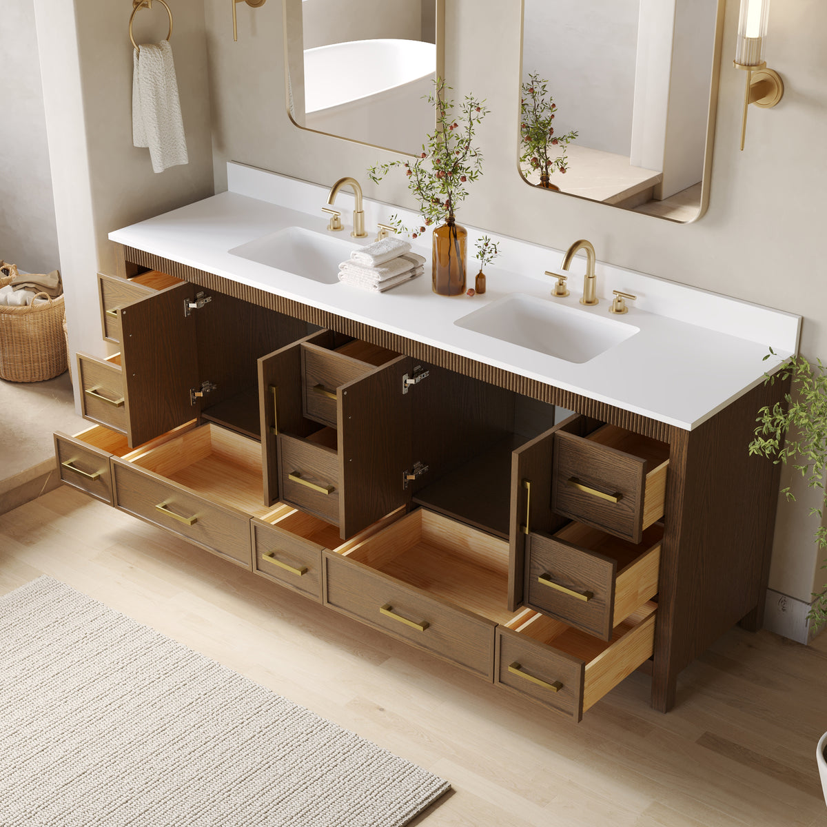 84 Inch Freestanding Solid Wood Bathroom Vanity with Pure White Quartz Countertop, 4 Soft-Close Doors & 11 Dovetail Drawers, Walnut
