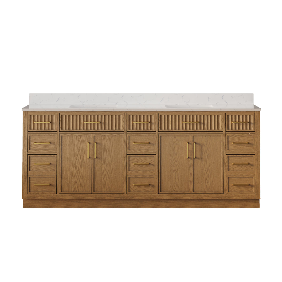 84 Inch Solid Wood and Plywood Bathroom Vanity with Carrara White Quartz Top, 4 Soft-Close Doors & 11 Drawers, Walnut