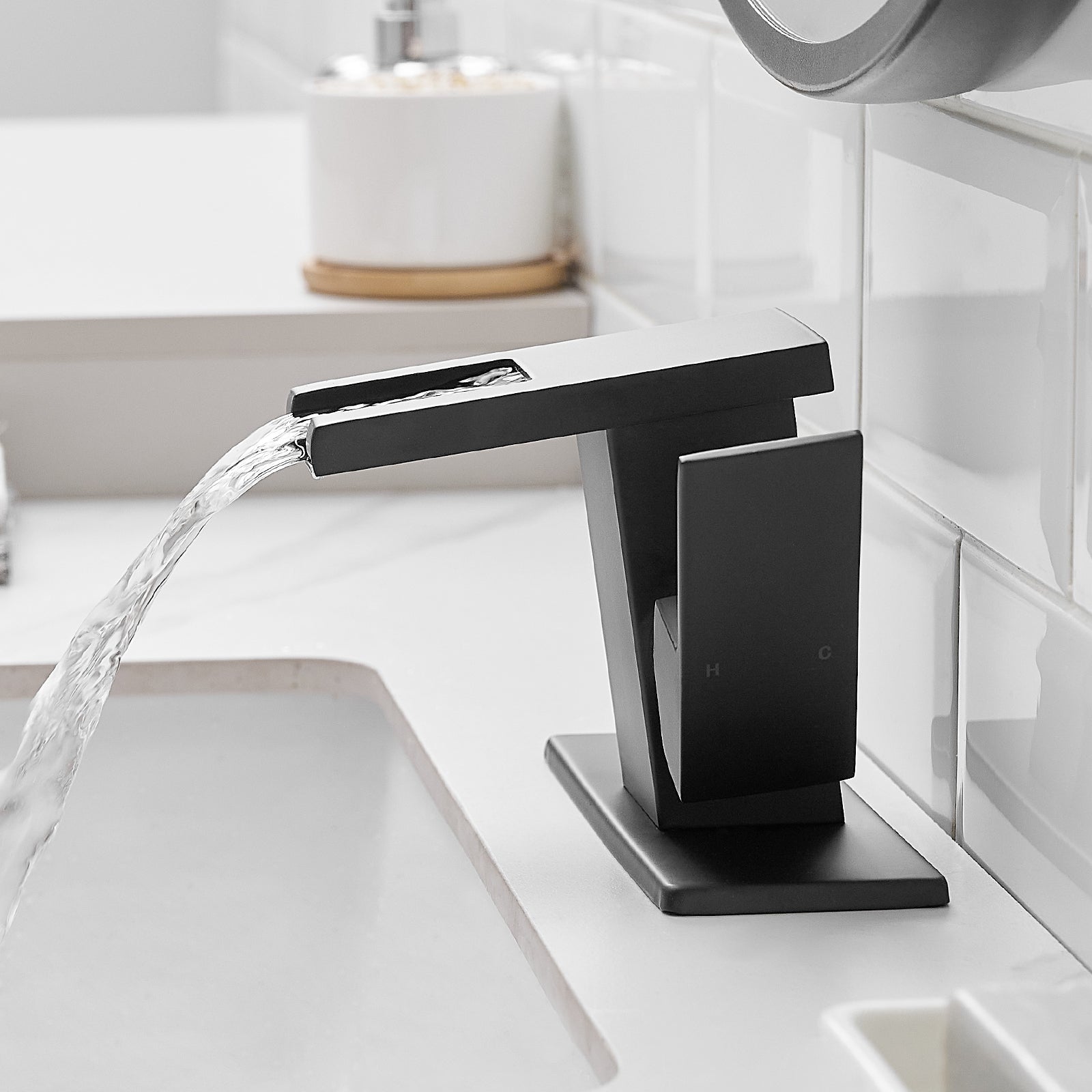 Single Handle LED Waterfall Bathroom Sink Faucet with Deck Plate, Temperature-Sensitive 3-Color Light