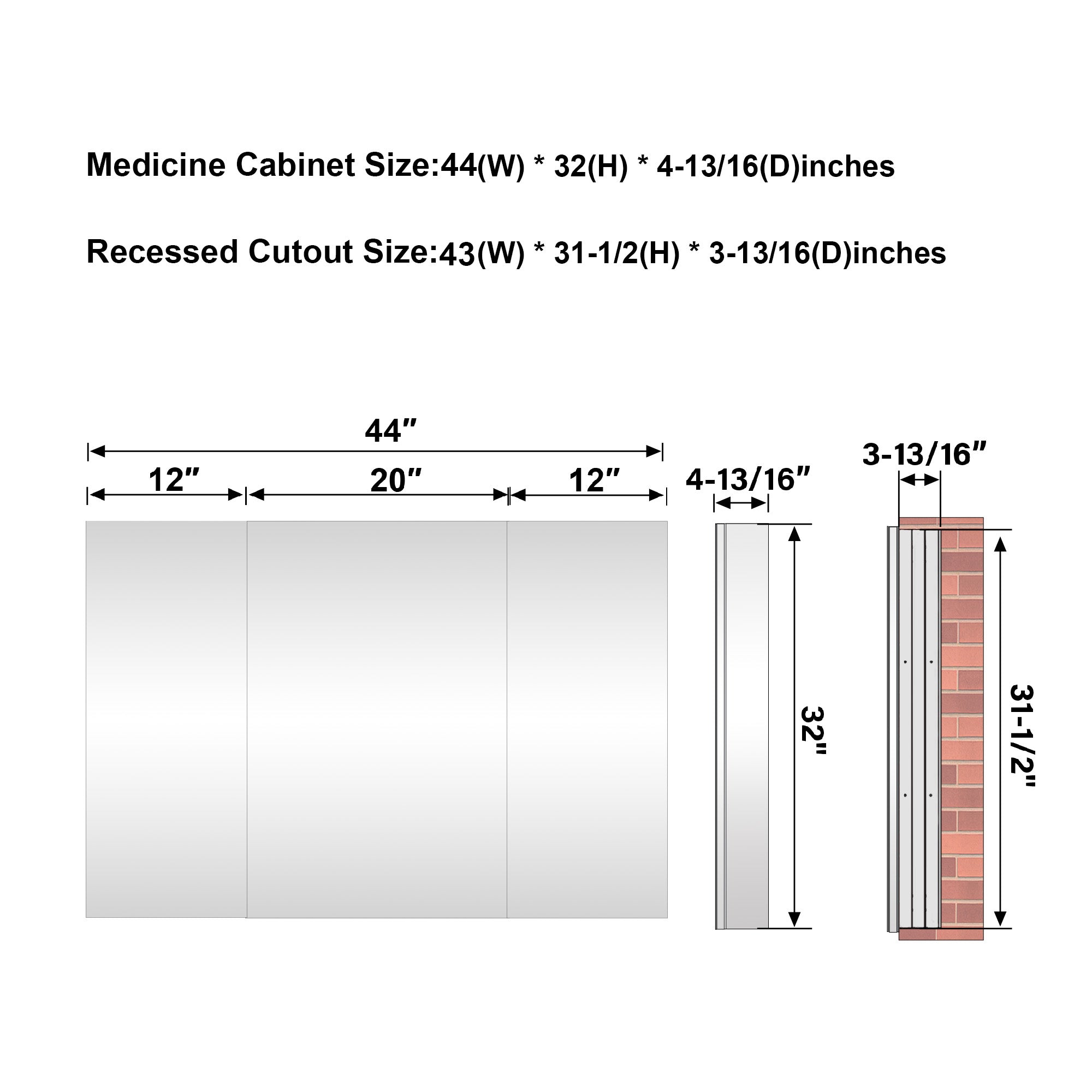 44 in.×32 in.H Copper-Free Mirror Medicine Cabinet with Soft-Close Blum® Hinges and 3 Doors