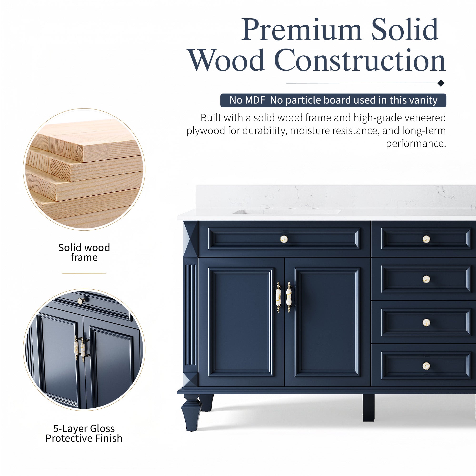 80 in. Freestanding Solid Wood Bathroom Vanity with Carrara White Quartz Countertop, Navy Blue
