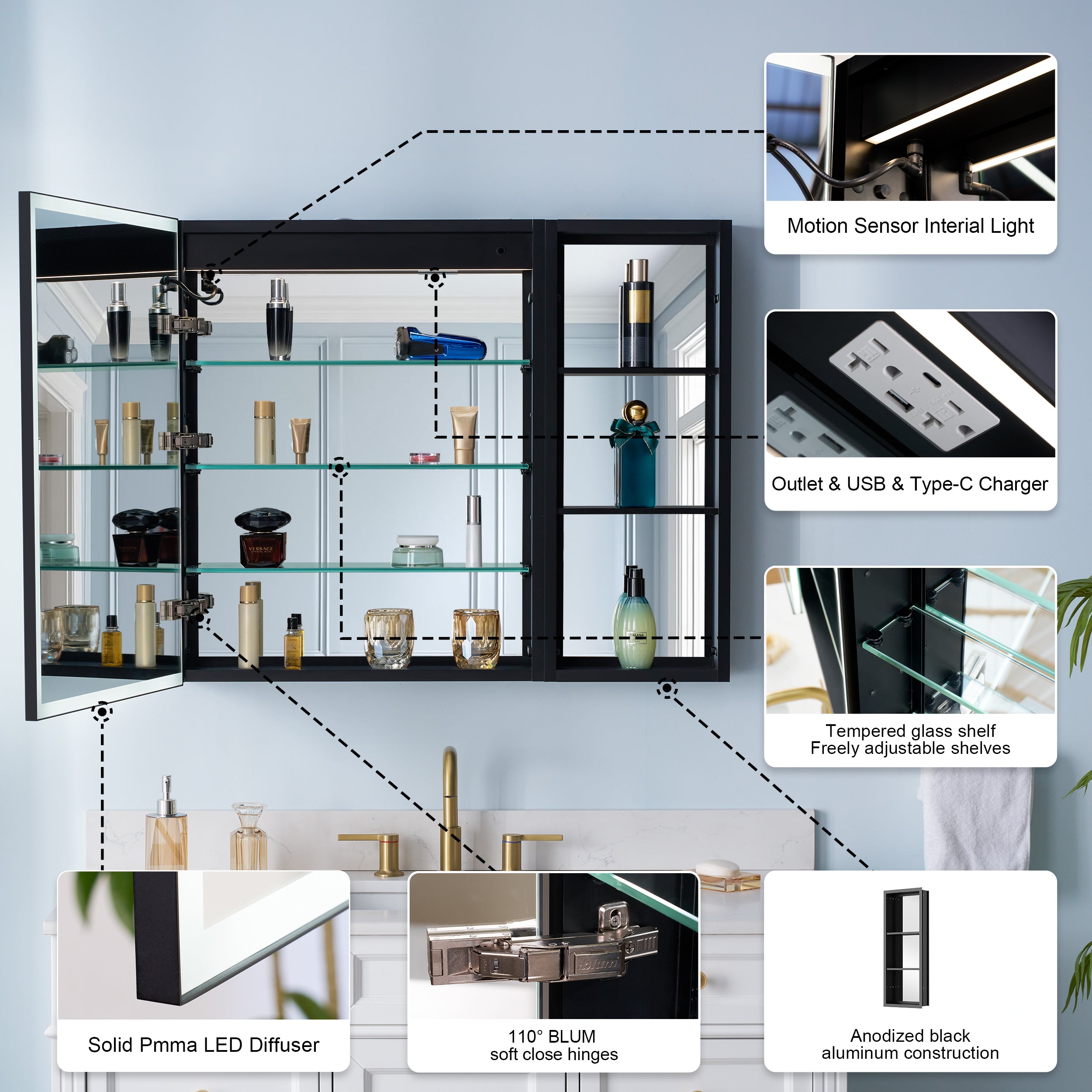 36 in. x 30 in. Black Aluminum Medicine Cabinet with Mirror and LED Light