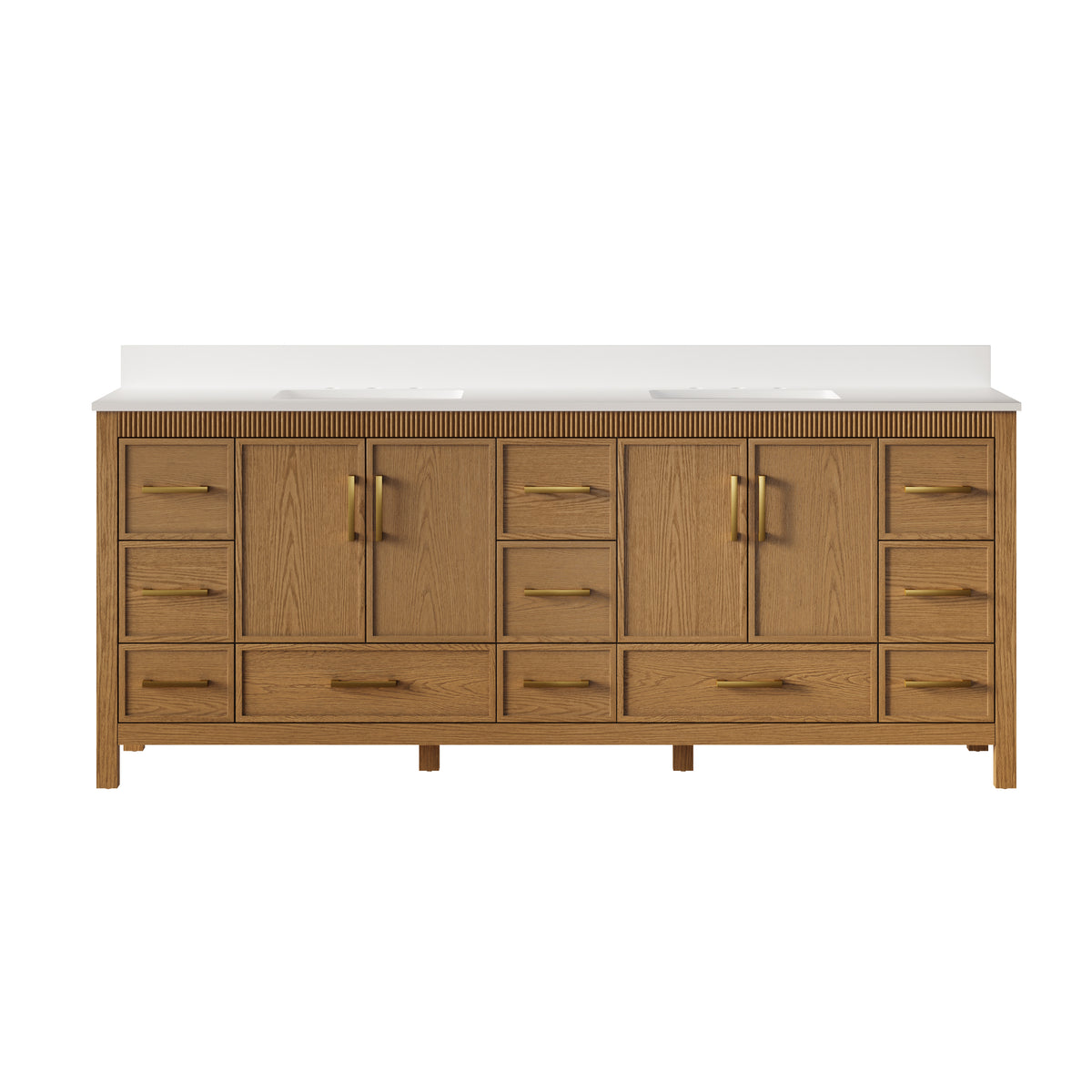 84 Inch Freestanding Solid Wood Bathroom Vanity with Pure White Quartz Countertop, 4 Soft-Close Doors & 11 Dovetail Drawers, Walnut