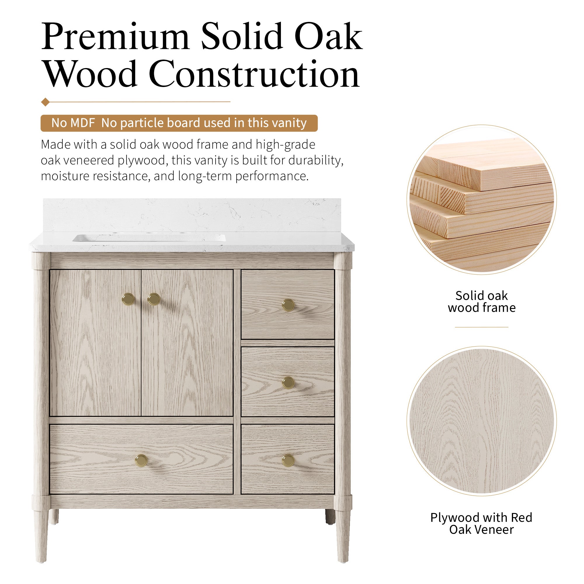 36-Inch Freestanding Oak Bathroom Vanity with Single Carrara White Quartz Top Sink