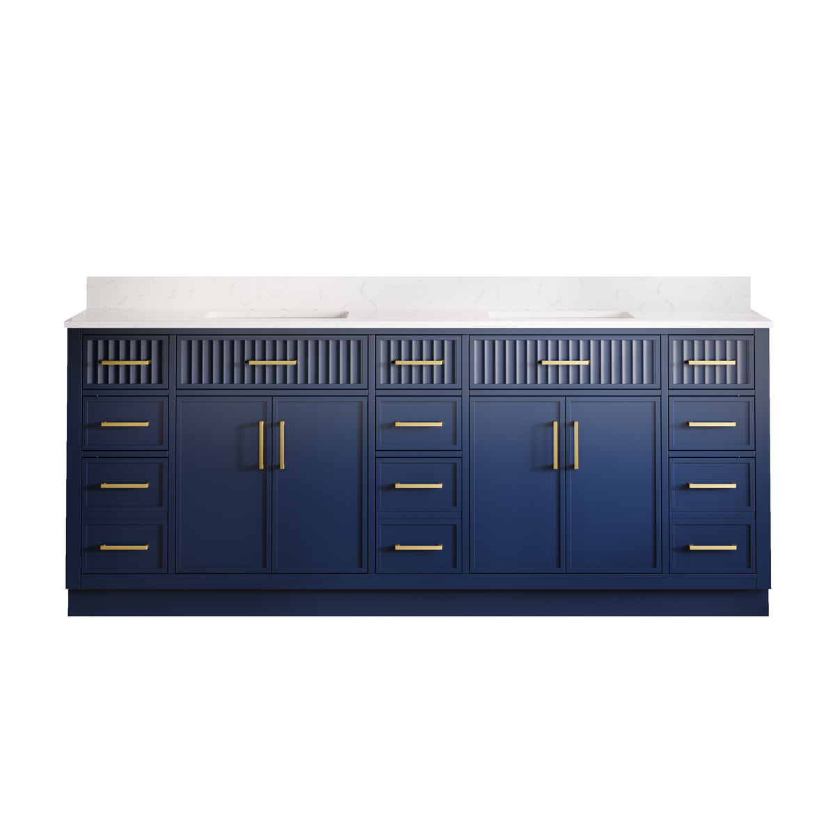 84 Inch Solid Wood and Plywood Bathroom Vanity with Carrara White Quartz Top, 4 Soft-Close Doors & 11 Drawers, Navy Blue