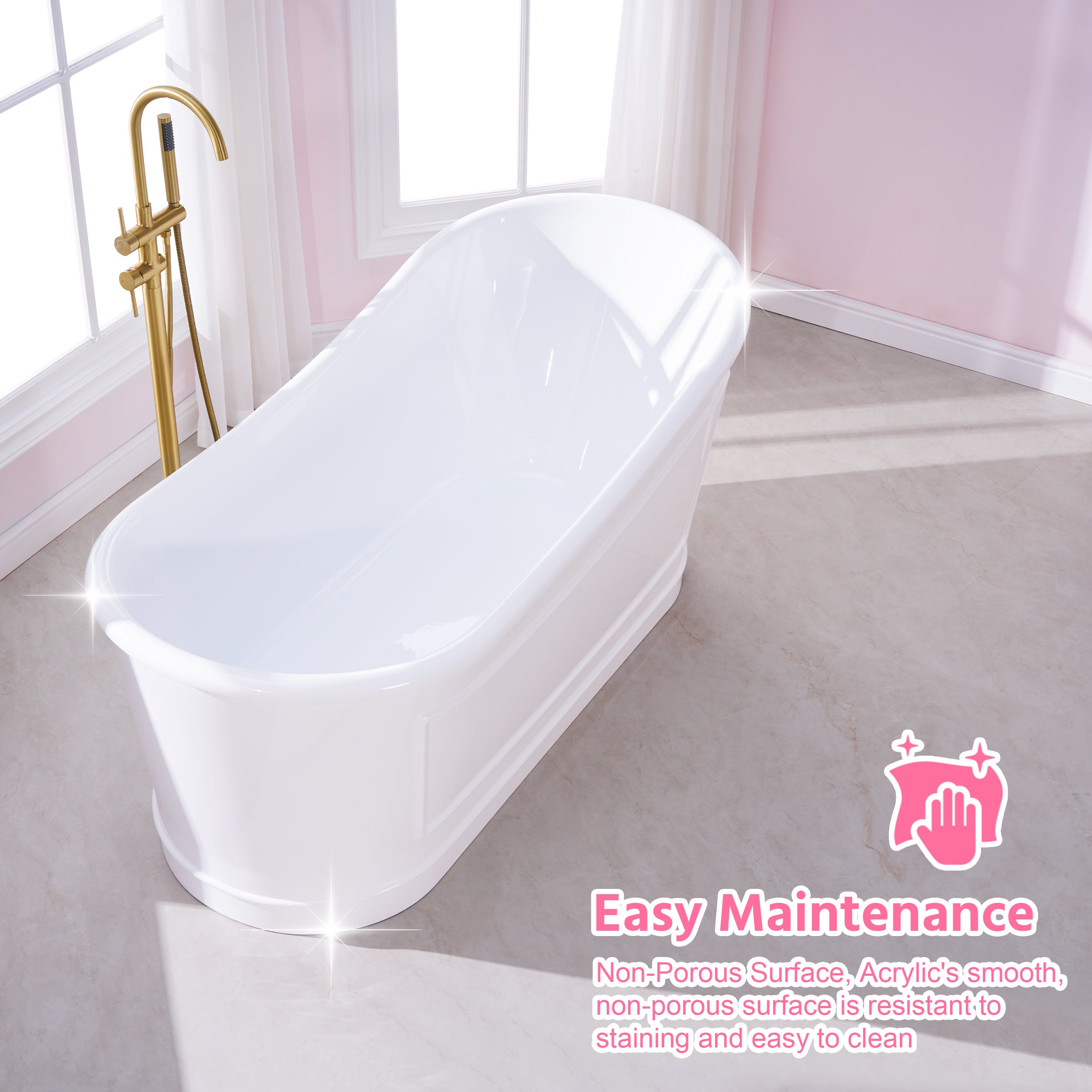 66" Glossy White Acrylic Freestanding Bathtub with Integrated Slotted Overflow