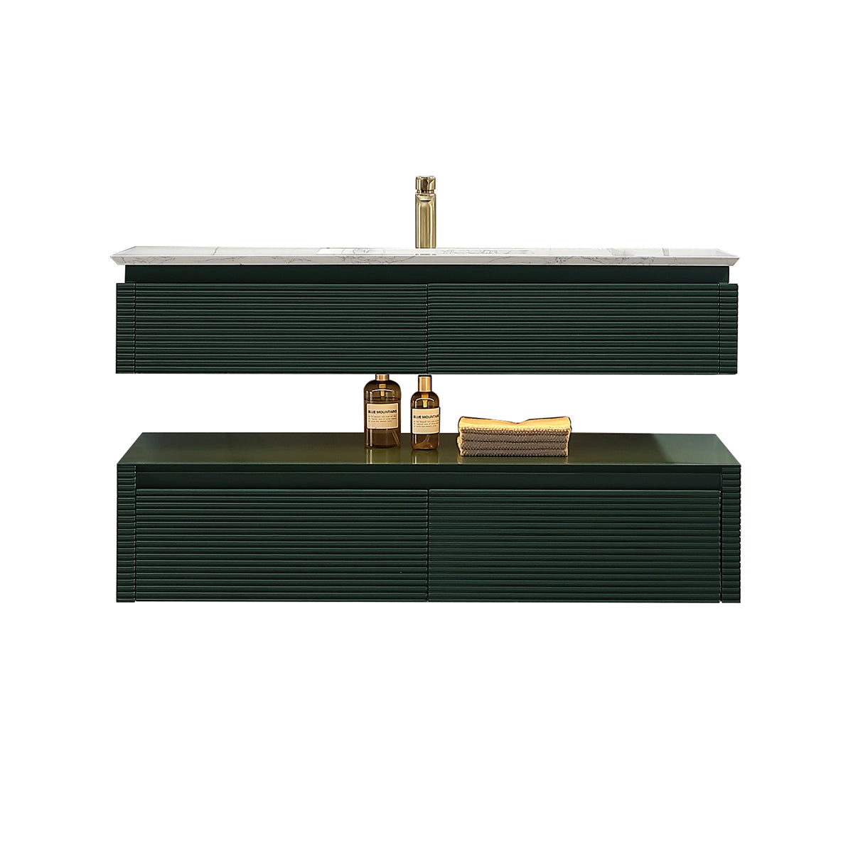 48" Floating Bathroom Vanity Set in Green with Lights and White Marble Countertop