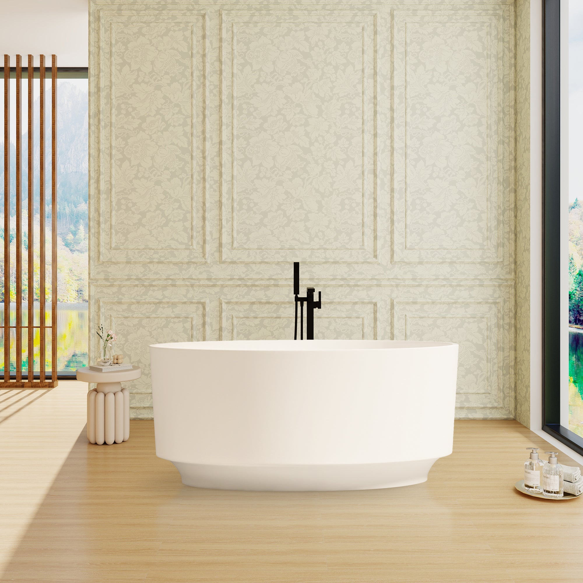 49" Solid Surface Resin Stone Round Freestanding Soaking Bathtub with Pop-up Drainer