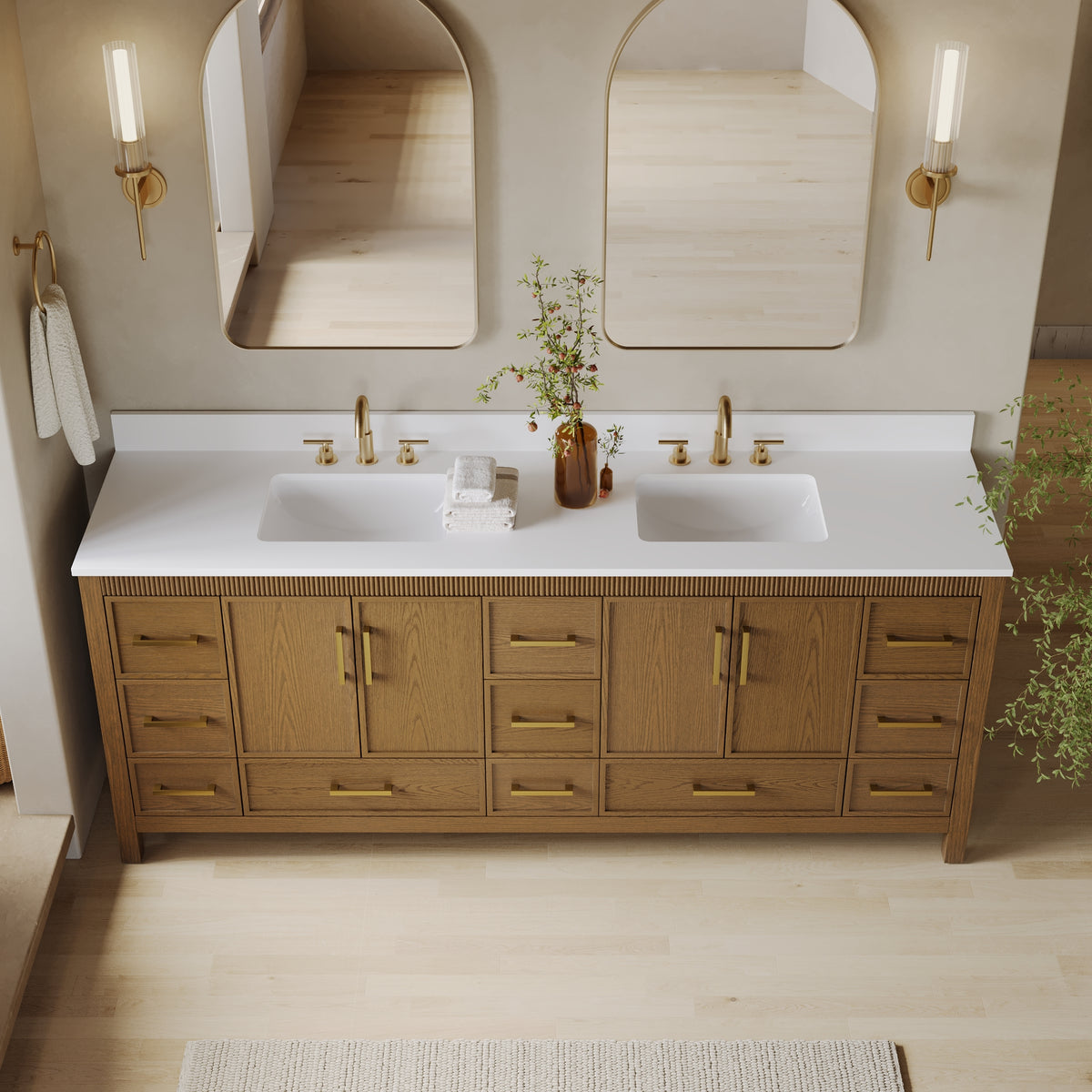 84 Inch Freestanding Solid Wood Bathroom Vanity with Pure White Quartz Countertop, 4 Soft-Close Doors & 11 Dovetail Drawers, Walnut
