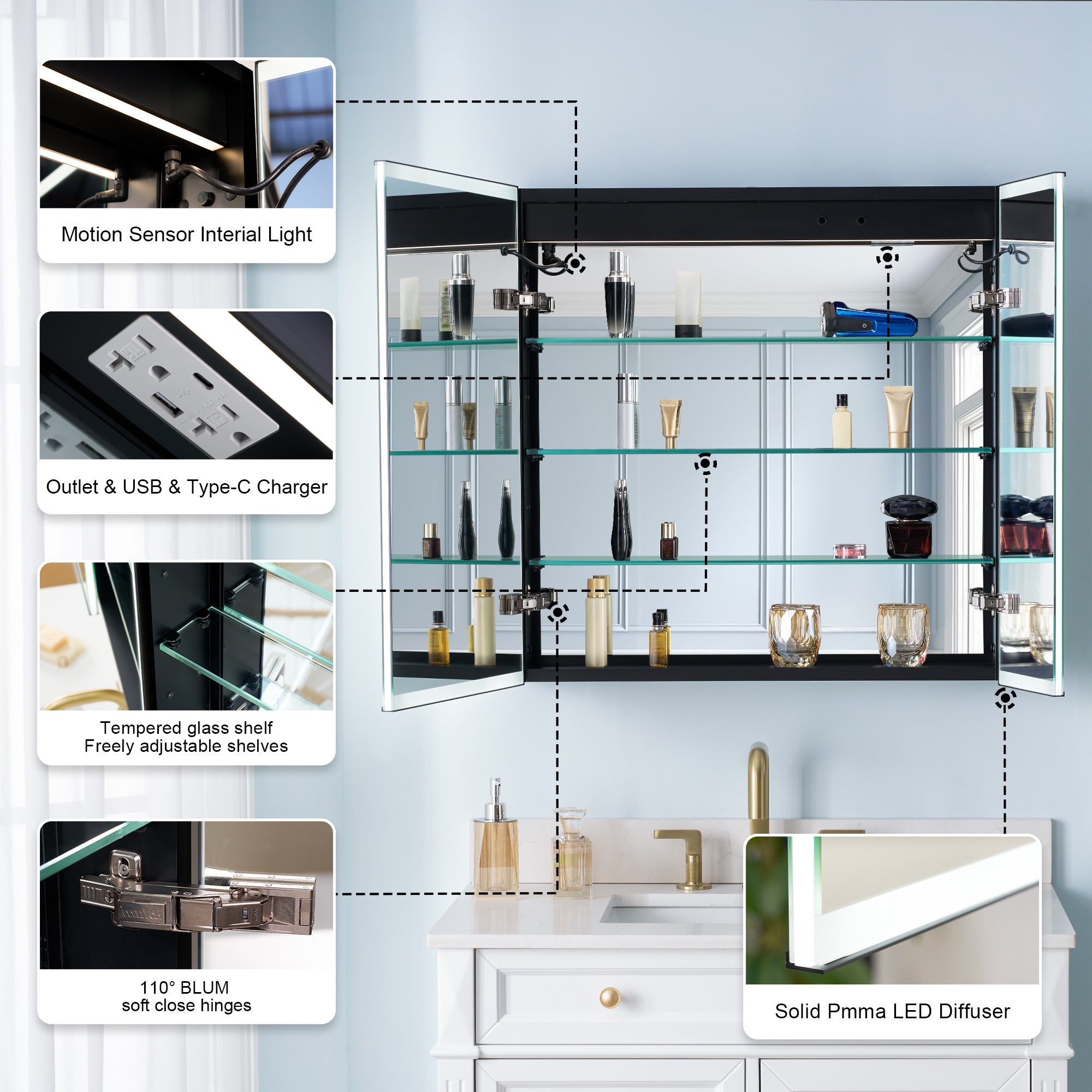 30 in. x 30 in. Black Aluminum Medicine Cabinet with Mirror and LED Light