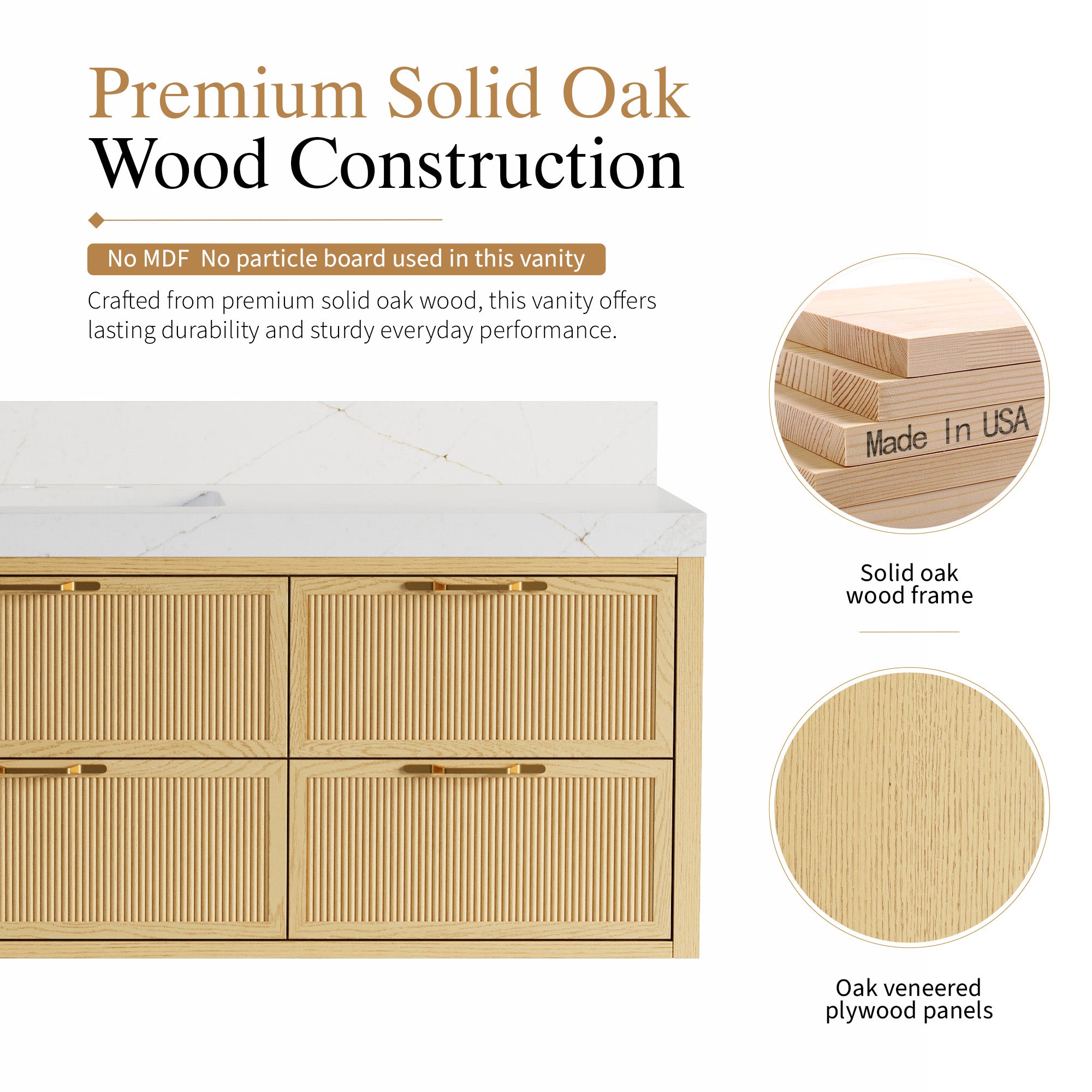 60-Inch Solid Oak Floating Bathroom Vanity with Calacatta Quartz Countertop, 6 Soft-Close Fluted Drawers