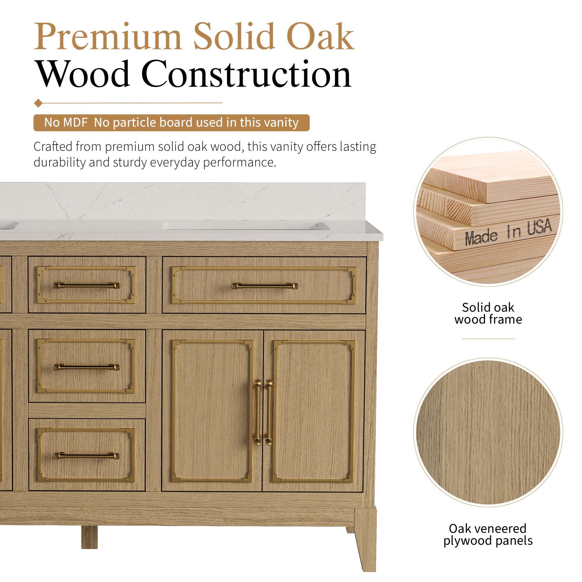 60 Inch Luxury Solid Oak Bathroom Vanity with Calacatta Quartz Countertop & Sinks, 3 Soft-Close Drawers and 2 Flip Drawers
