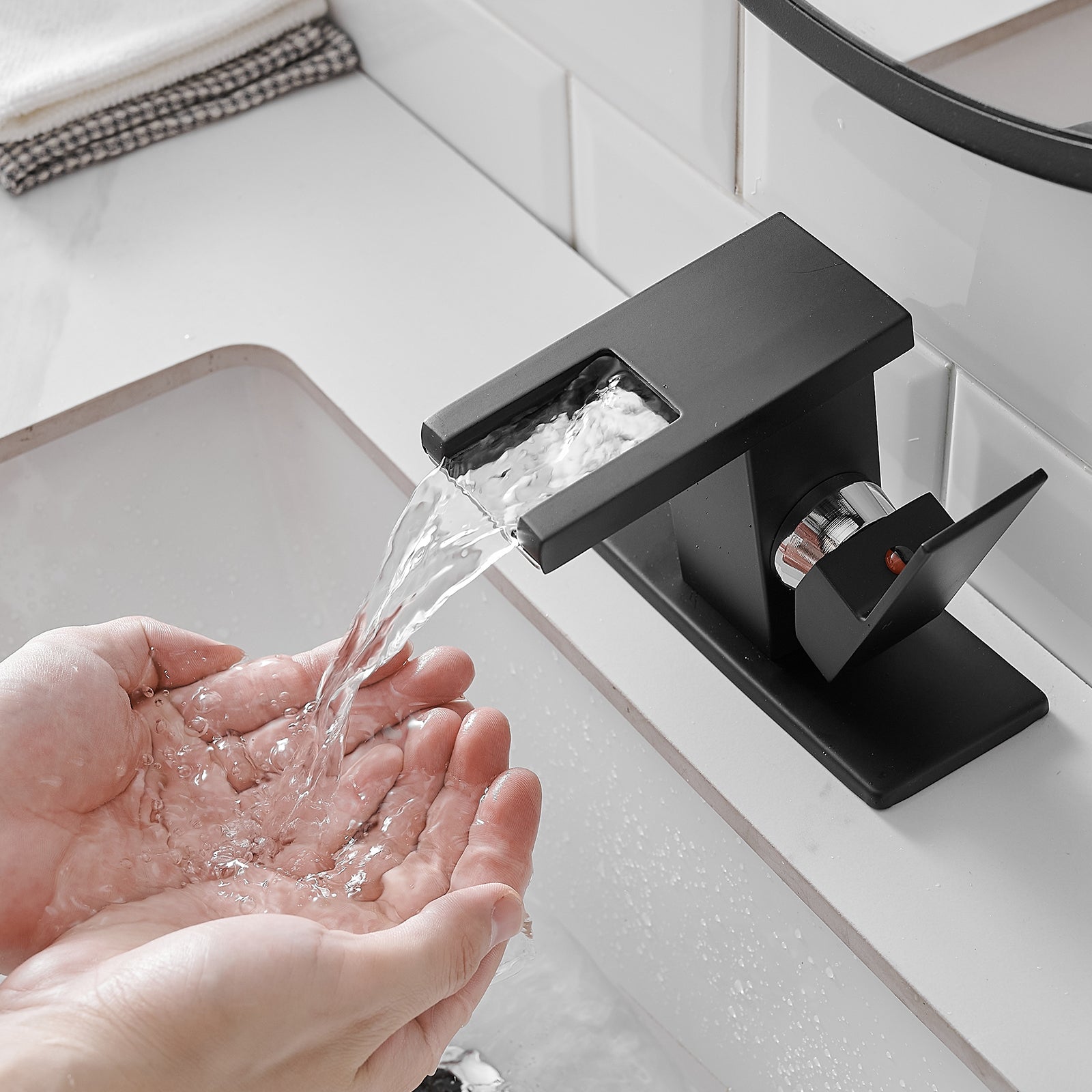 Single Handle LED Waterfall Bathroom Sink Faucet with Deck Plate, Temperature-Sensitive 3-Color Light