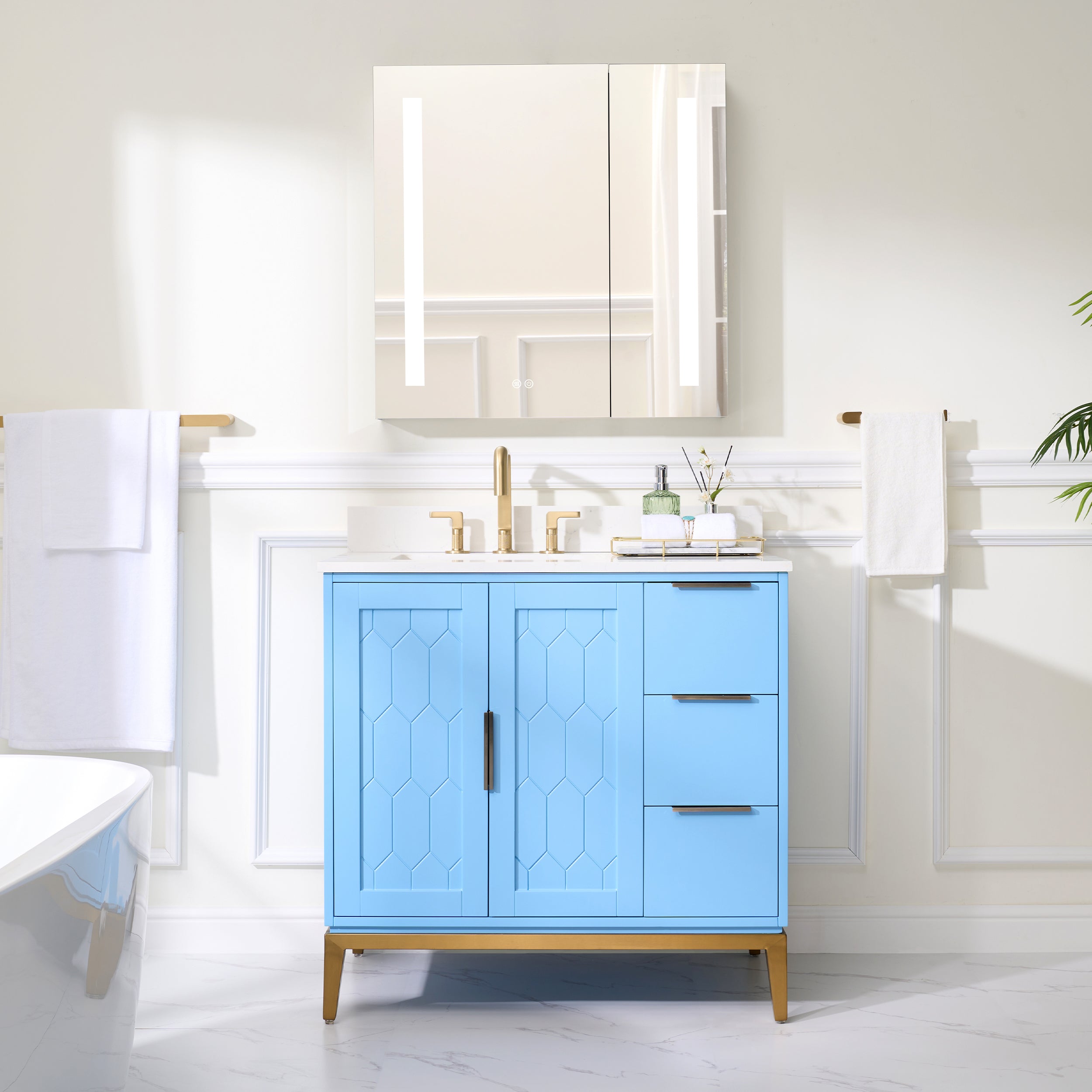 36 in. Light Blue Freestanding Bathroom Vanity with Carrara White Quartz Top and Undermount Sink