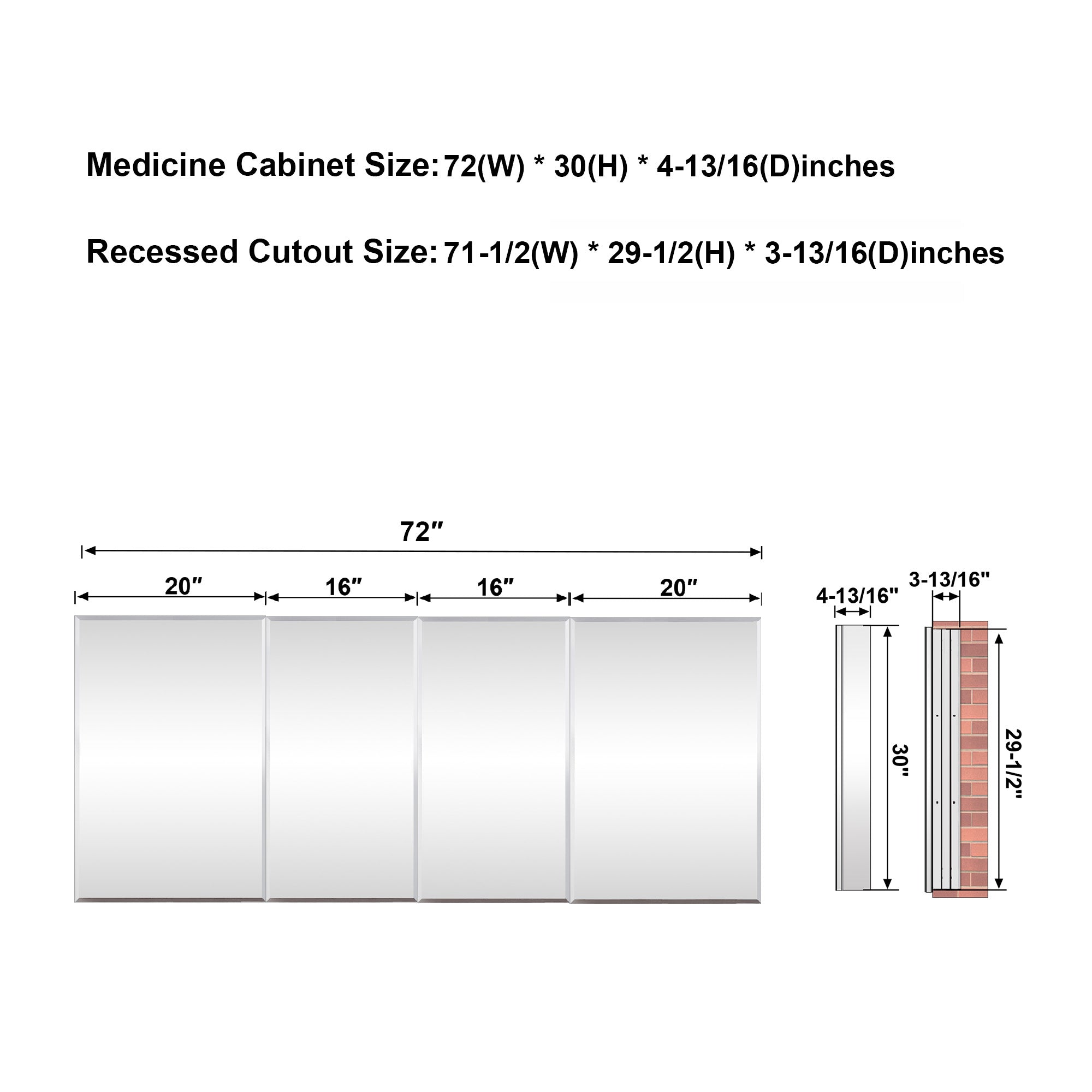 72 in.×30 in.H Aluminum Copper-Free Mirror Medicine Cabinet with Beveled Mirror Door, Recessed or Surface Mount, Adjustable Shelves