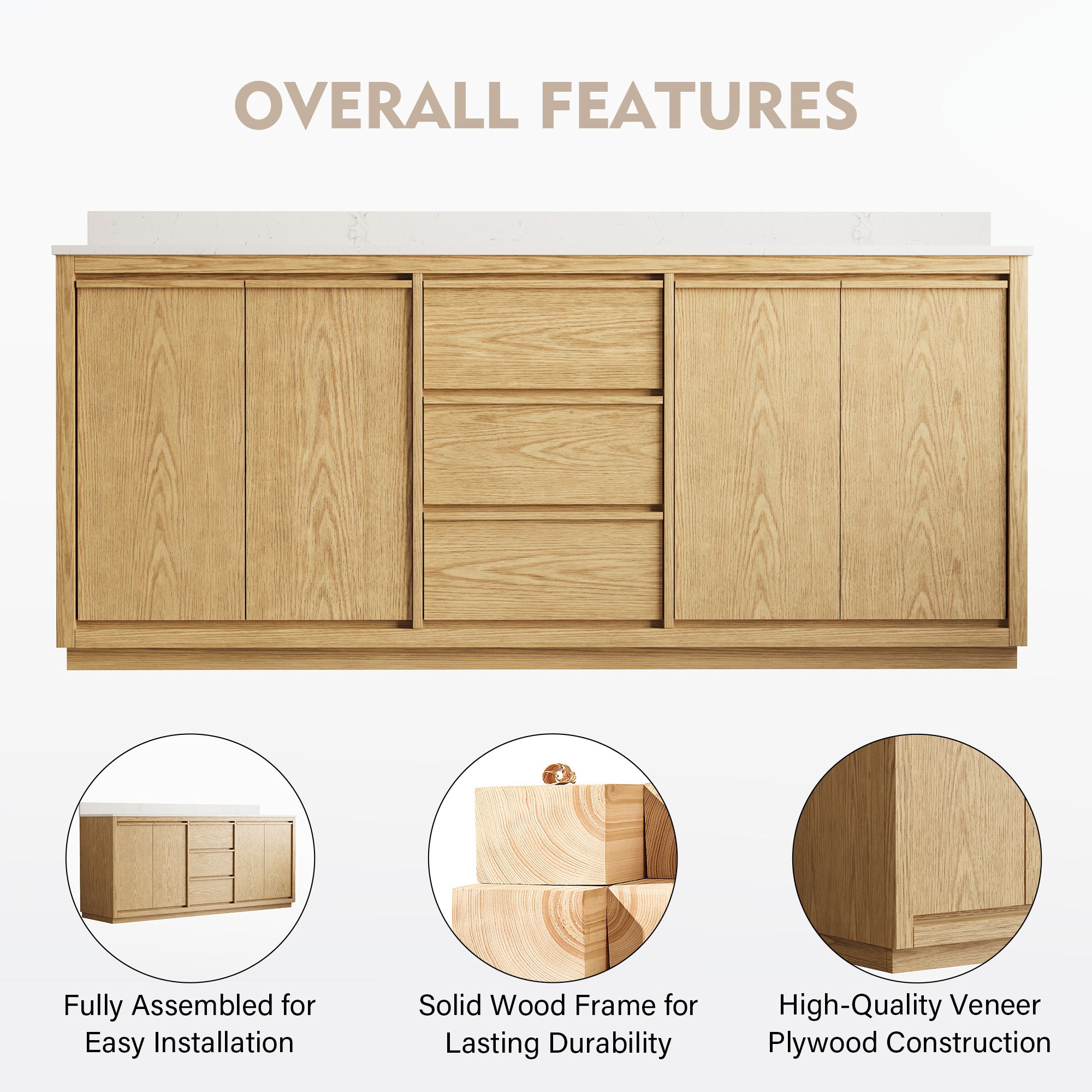 80 Inch Oak Soild Wood Bathroom Vanity with Double Undermount Sinks, 3 Dovetail-constructed Drawers and 4 Soft-close Doors