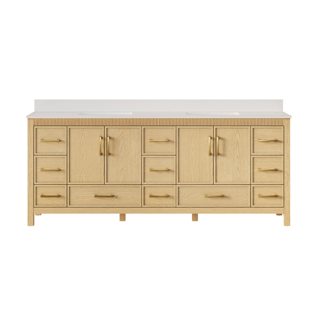 84 Inch Freestanding Solid Wood Bathroom Vanity with Pure White Quartz Countertop, 4 Soft-Close Doors & 11 Dovetail Drawers, OAK