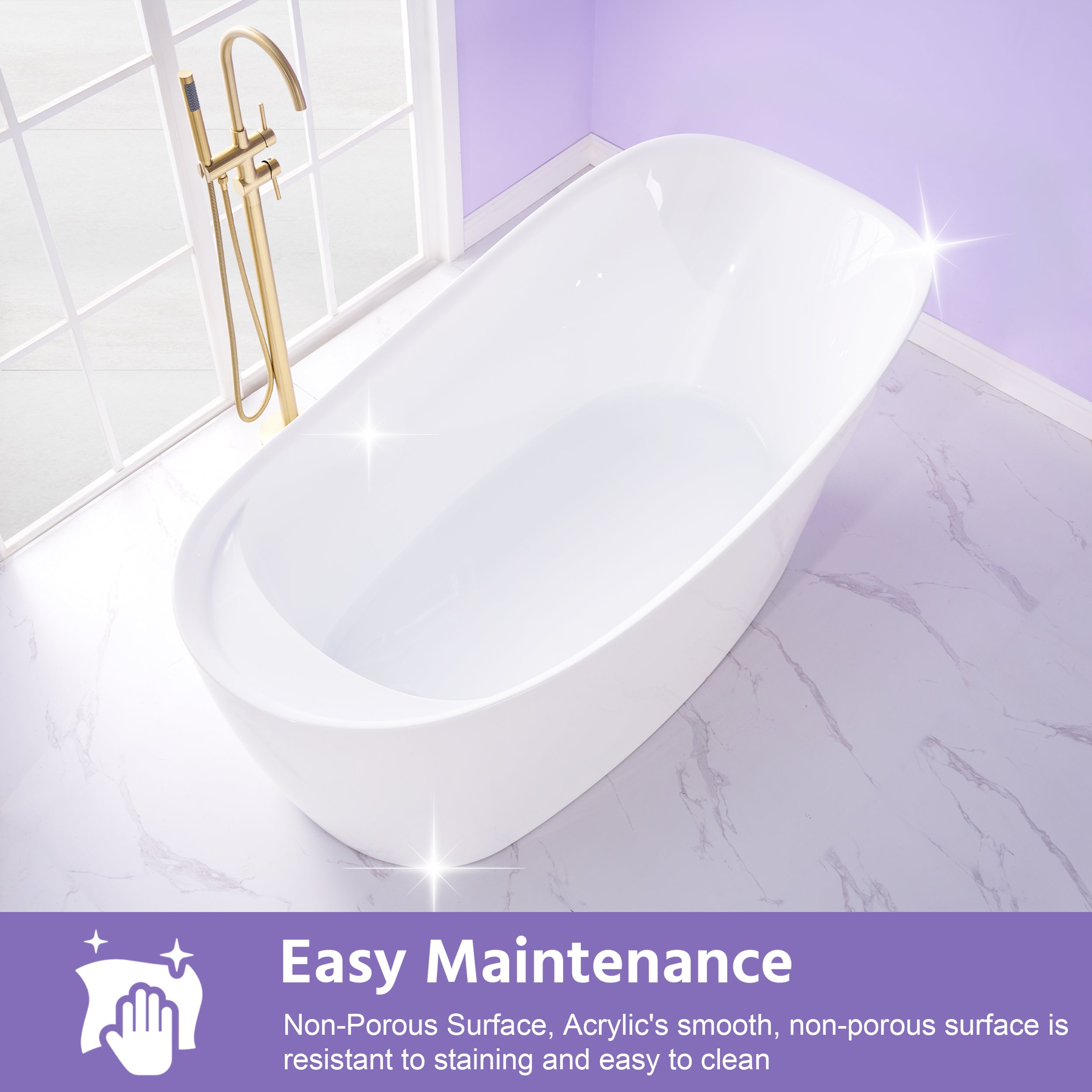 69" Freestanding Glossy White Acrylic Bathtub with Slotted Overflow and Drainer