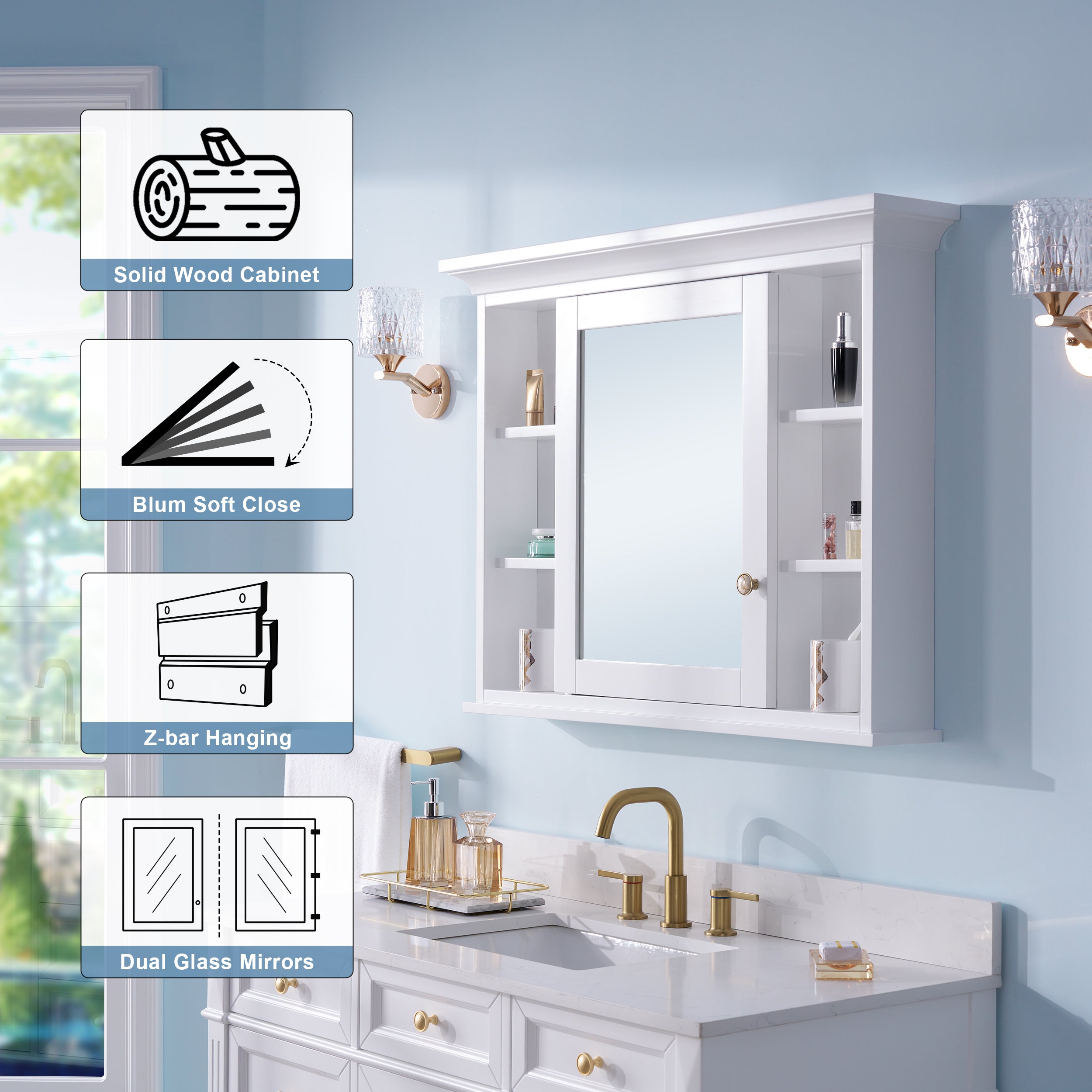 40 in.W x 30 in.H Surface-Mount Solid Wood Medicine Cabinet with Mirror, Z-bar Hangs Vertically