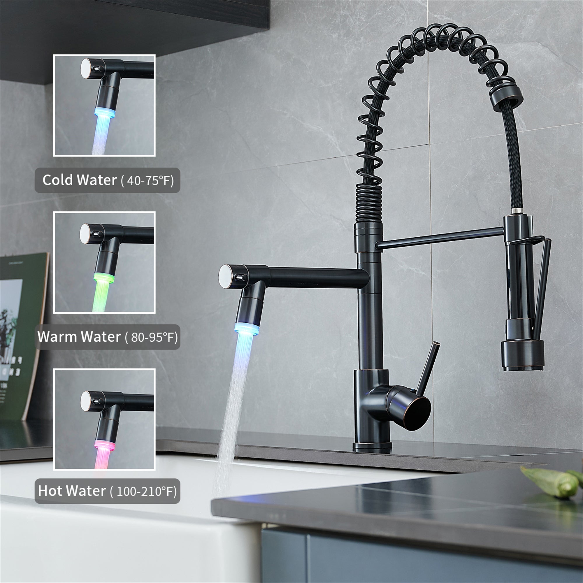 Pull Down Kitchen Faucet with Sprayer and LED Light in Oil Rubbed Bronze
