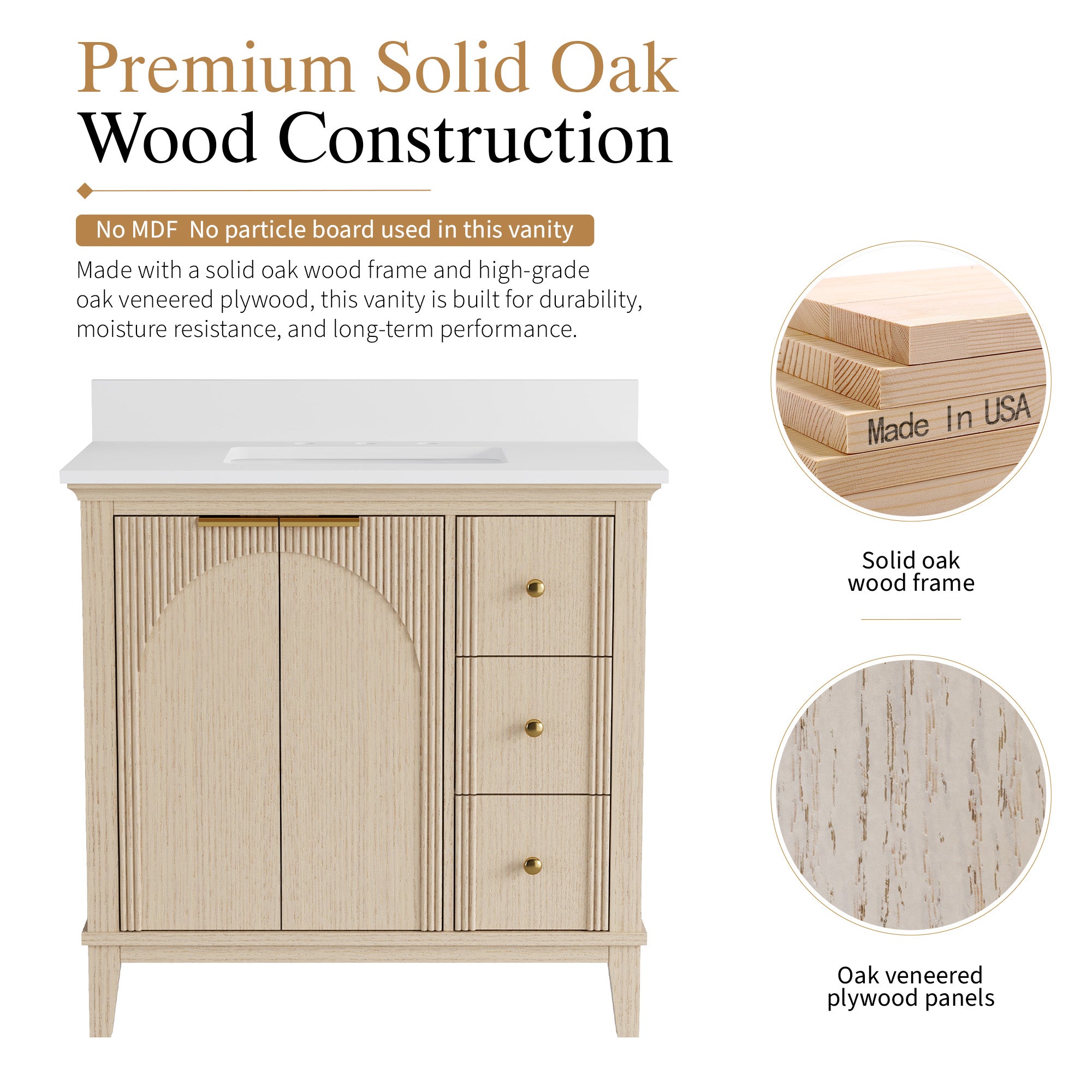 36 Inch Modern Light Oak Solid Wood Bathroom Vanity with White Quartz Countertop & Soft-Close Drawers