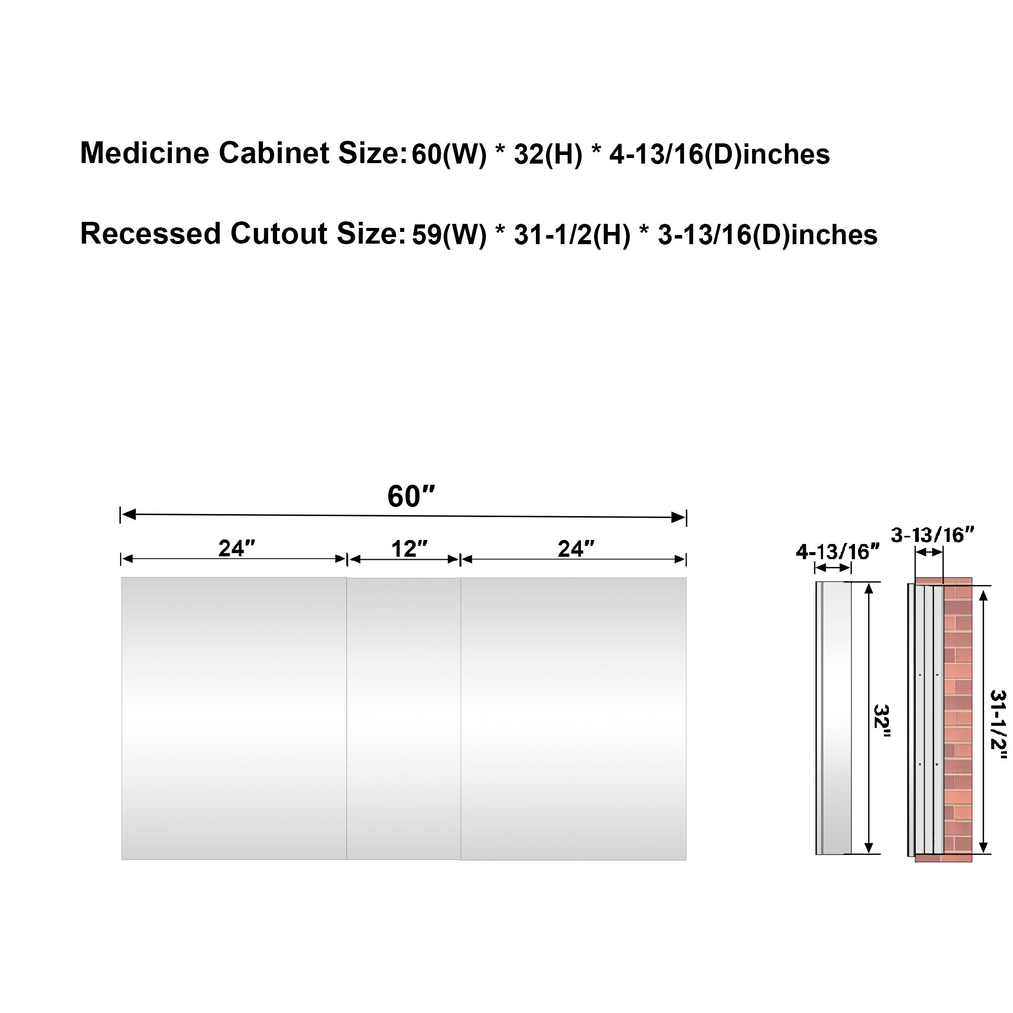 60 in.×32 in.H Copper-Free Mirror Medicine Cabinet with Soft-Close Blum® Hinges and 3 Doors