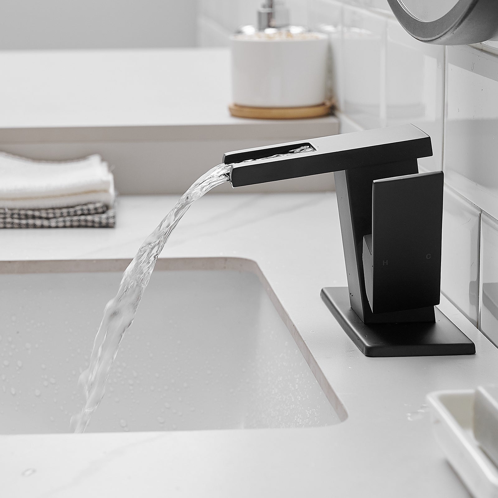 Single Handle LED Waterfall Bathroom Sink Faucet with Deck Plate, Temperature-Sensitive 3-Color Light