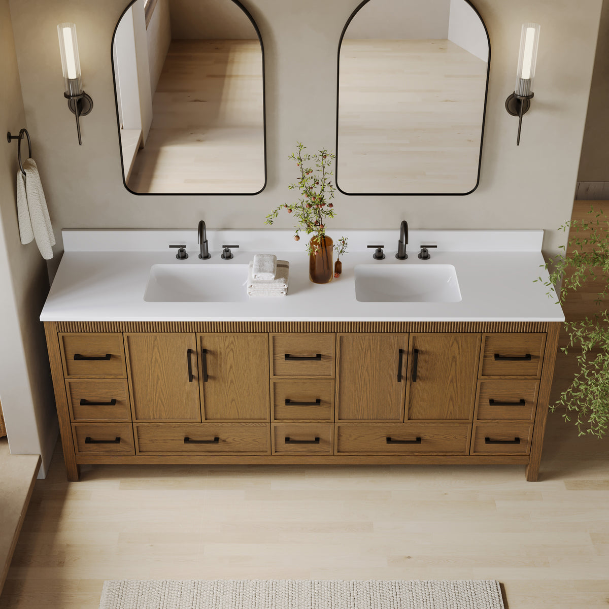 84 Inch Freestanding Solid Wood Bathroom Vanity with Pure White Quartz Countertop, 4 Soft-Close Doors & 11 Dovetail Drawers, Walnut