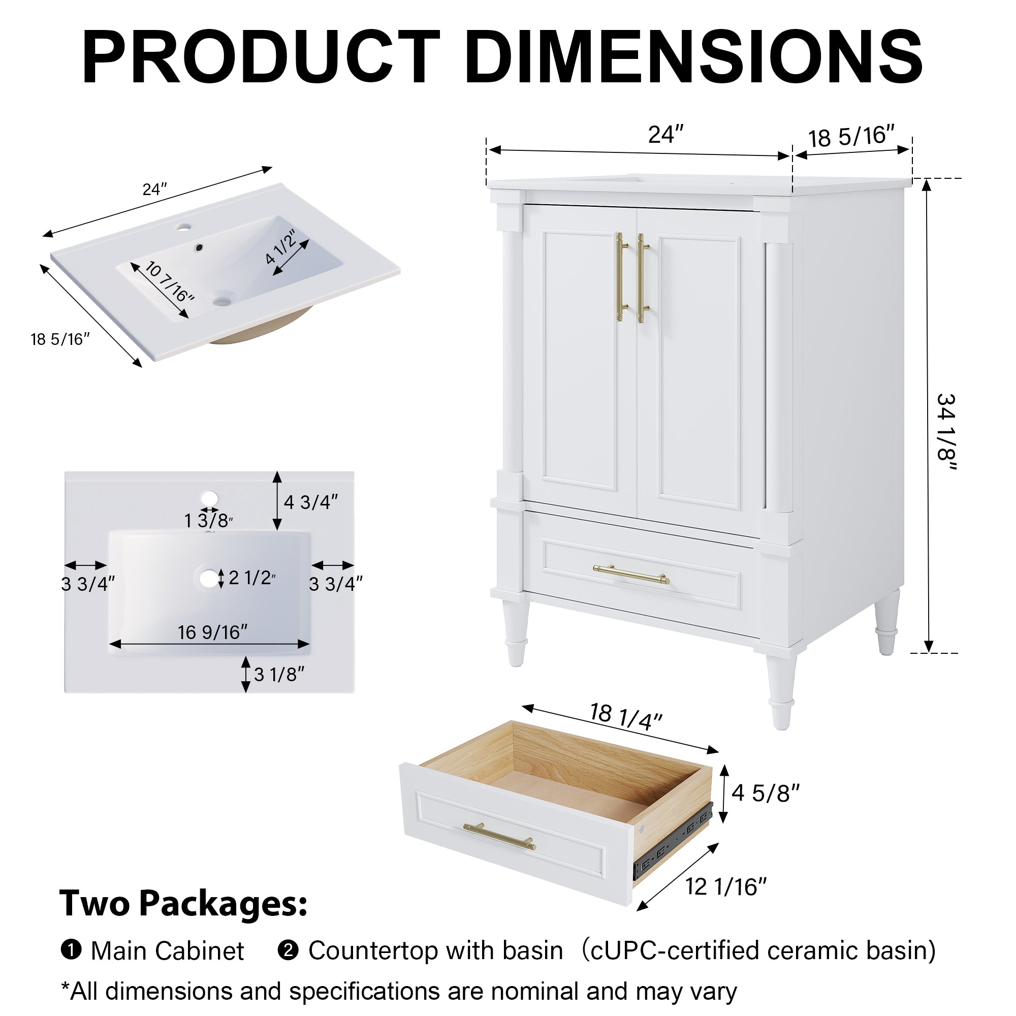 24 inch Bathroom Vanity with Single Sink, Solid Wooden Freestanding Bathroom Cabinet with Soft-Closing Doors