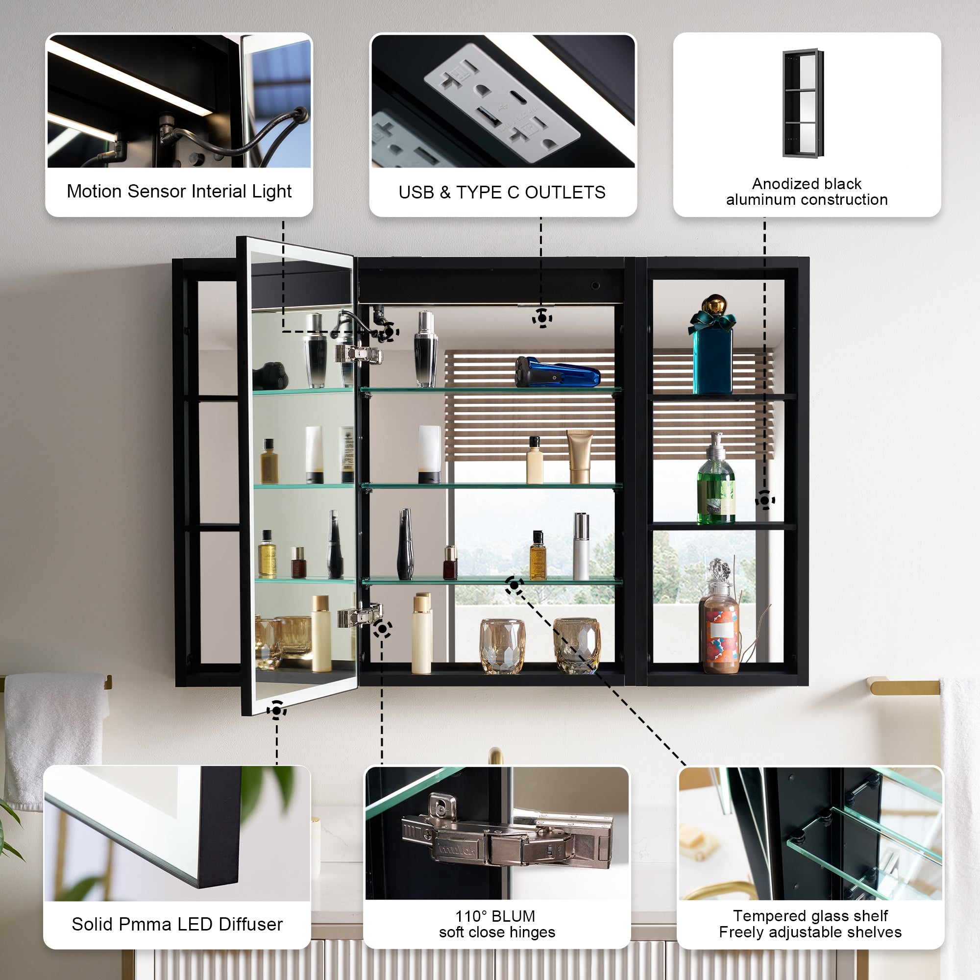 44 in. x 30 in. Black Aluminum Medicine Cabinet with Mirror and LED Light