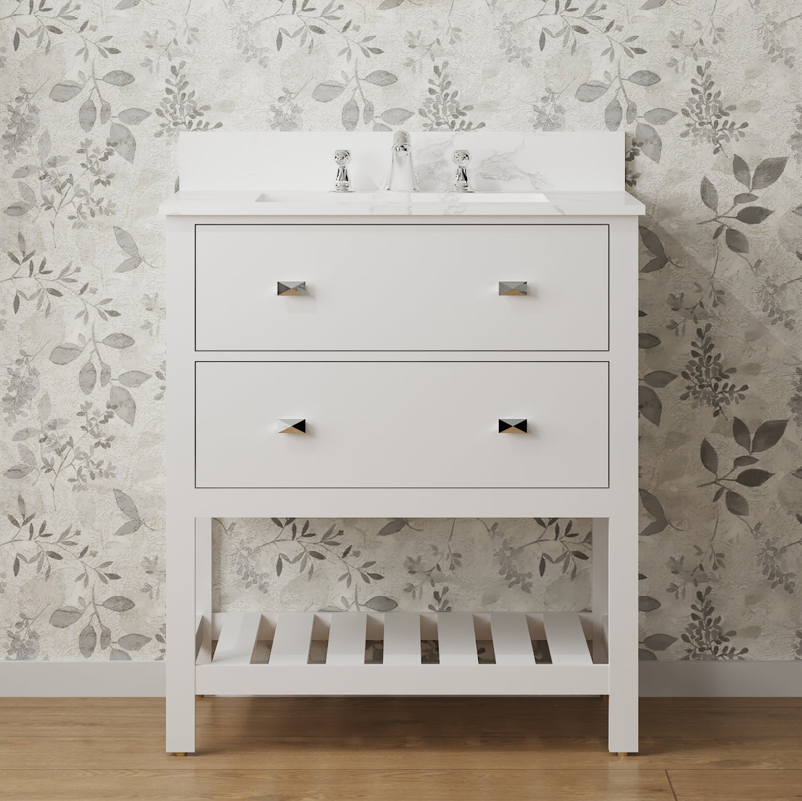 30" Undermount Single Sink Freestanding Bathroom Vanity with White Top in White