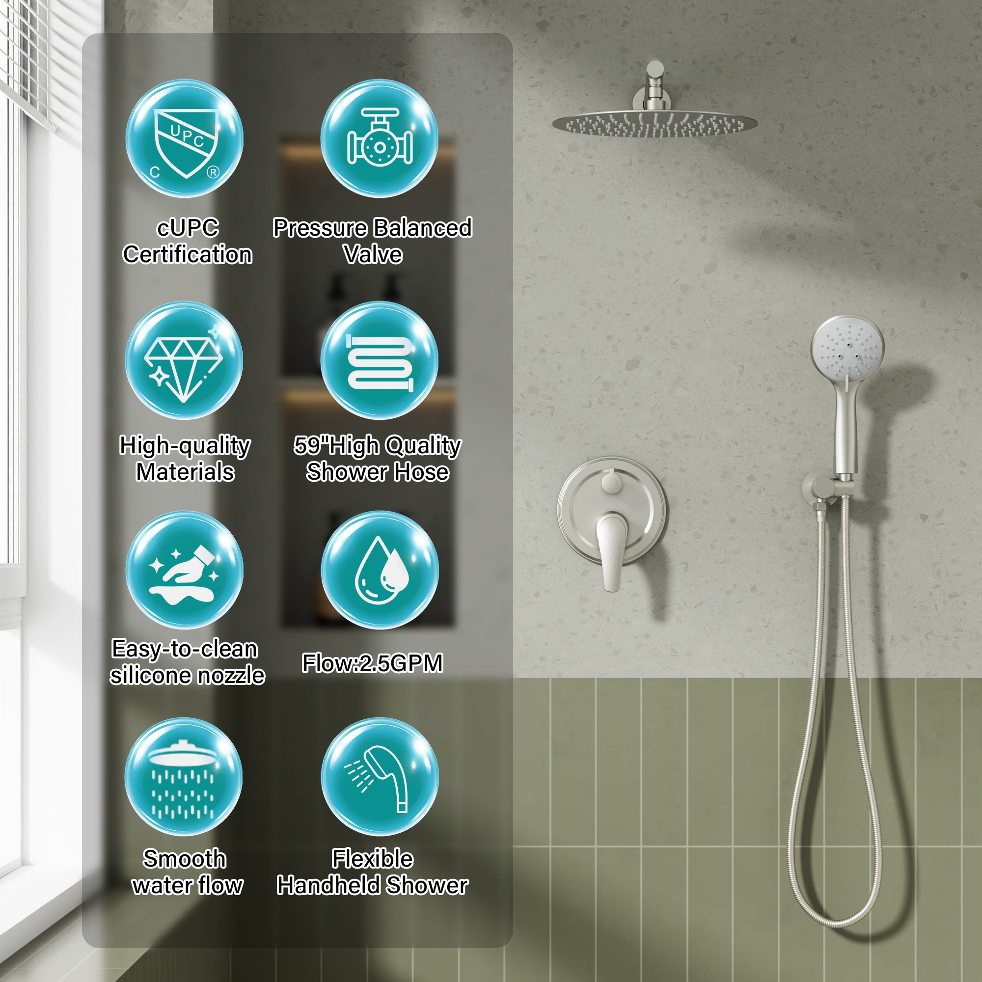 9inch/ 10inch/ 12inch 2-Spray Patterns with 1.8 GPM Wall Mount Dual Shower Heads with Hand Shower