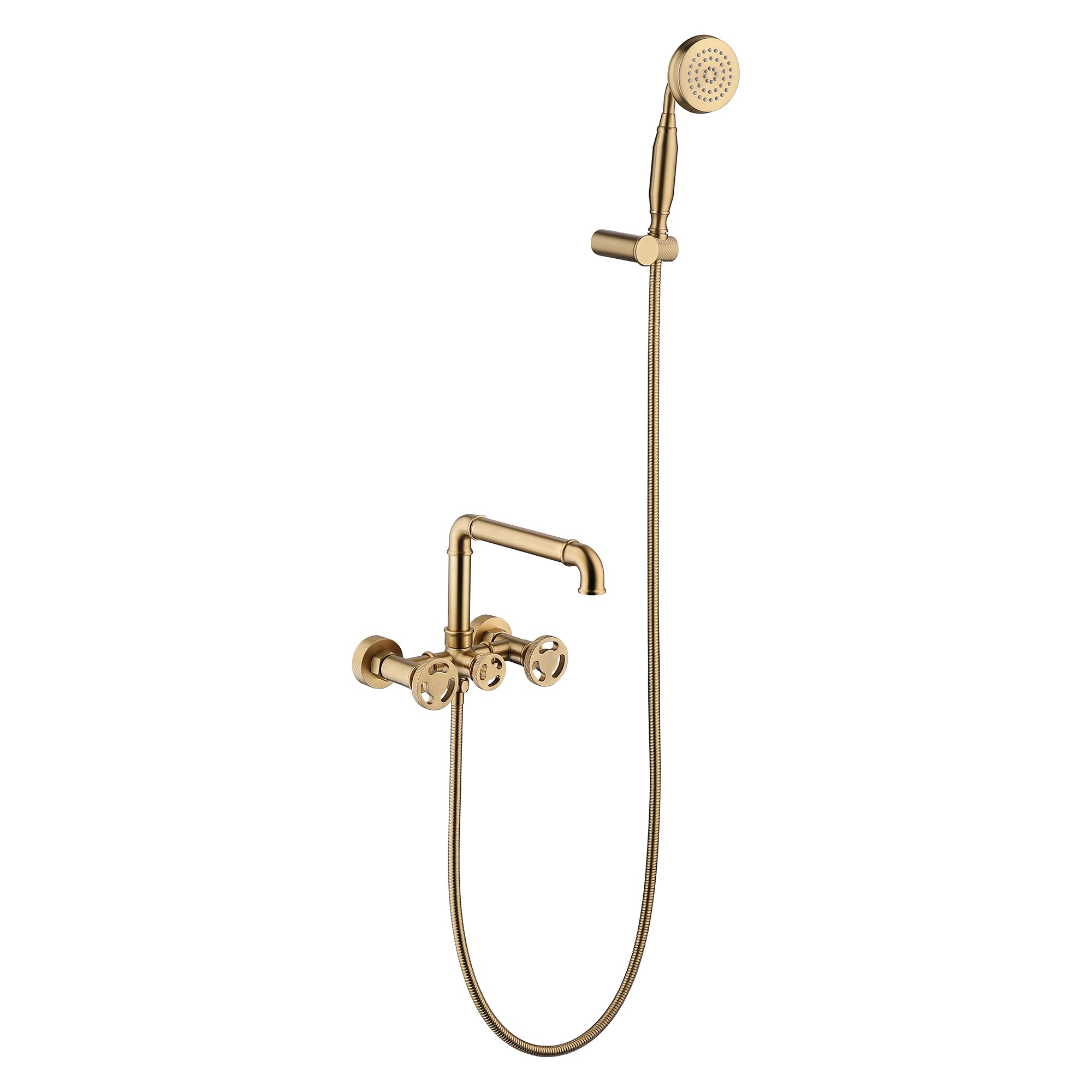 Double Hole Double Handle Brushed Gold Bathtub Faucet with Handheld Shower