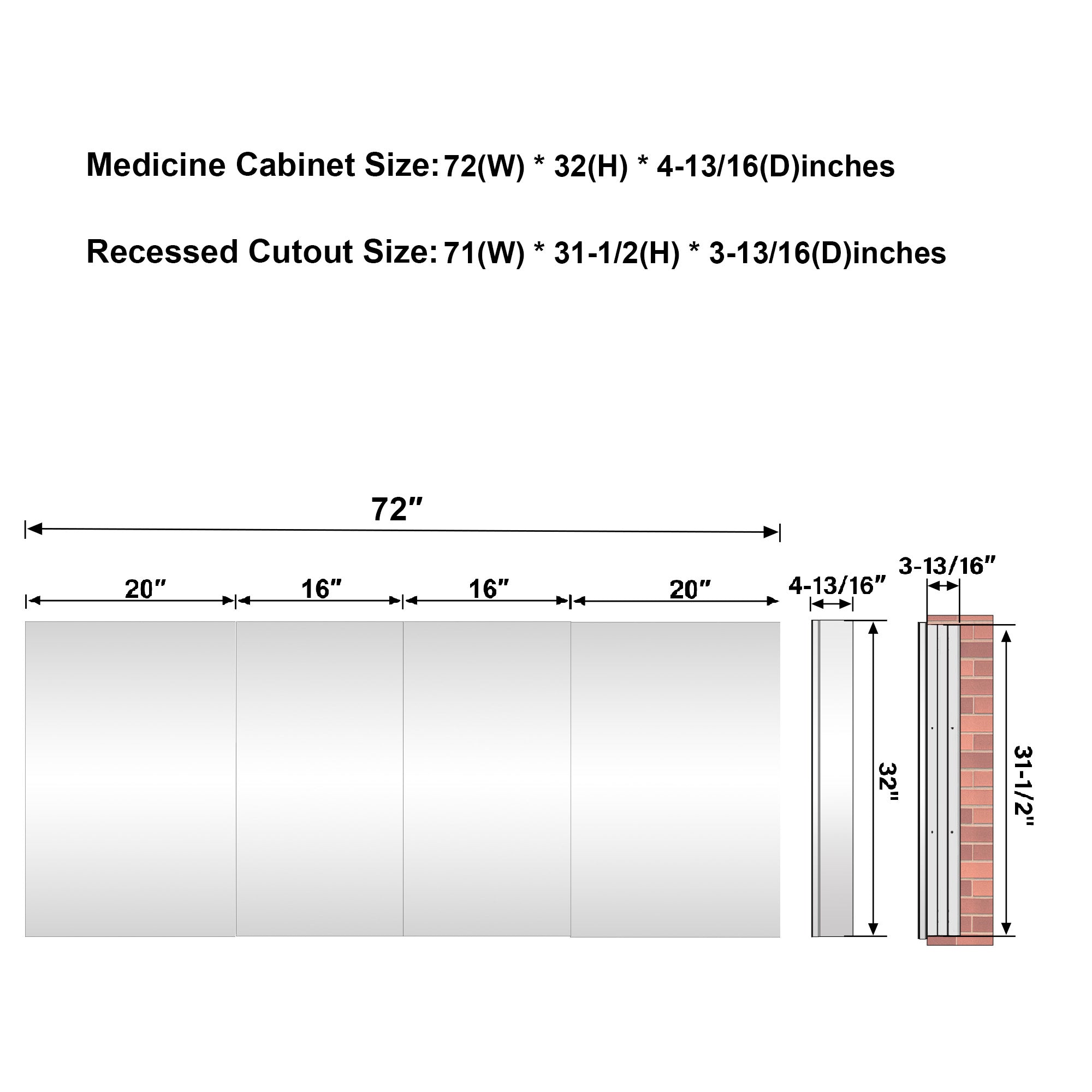 72 in.×32 in.H Copper-Free Mirror Medicine Cabinet with Soft-Close Blum® Hinges and 4 Doors