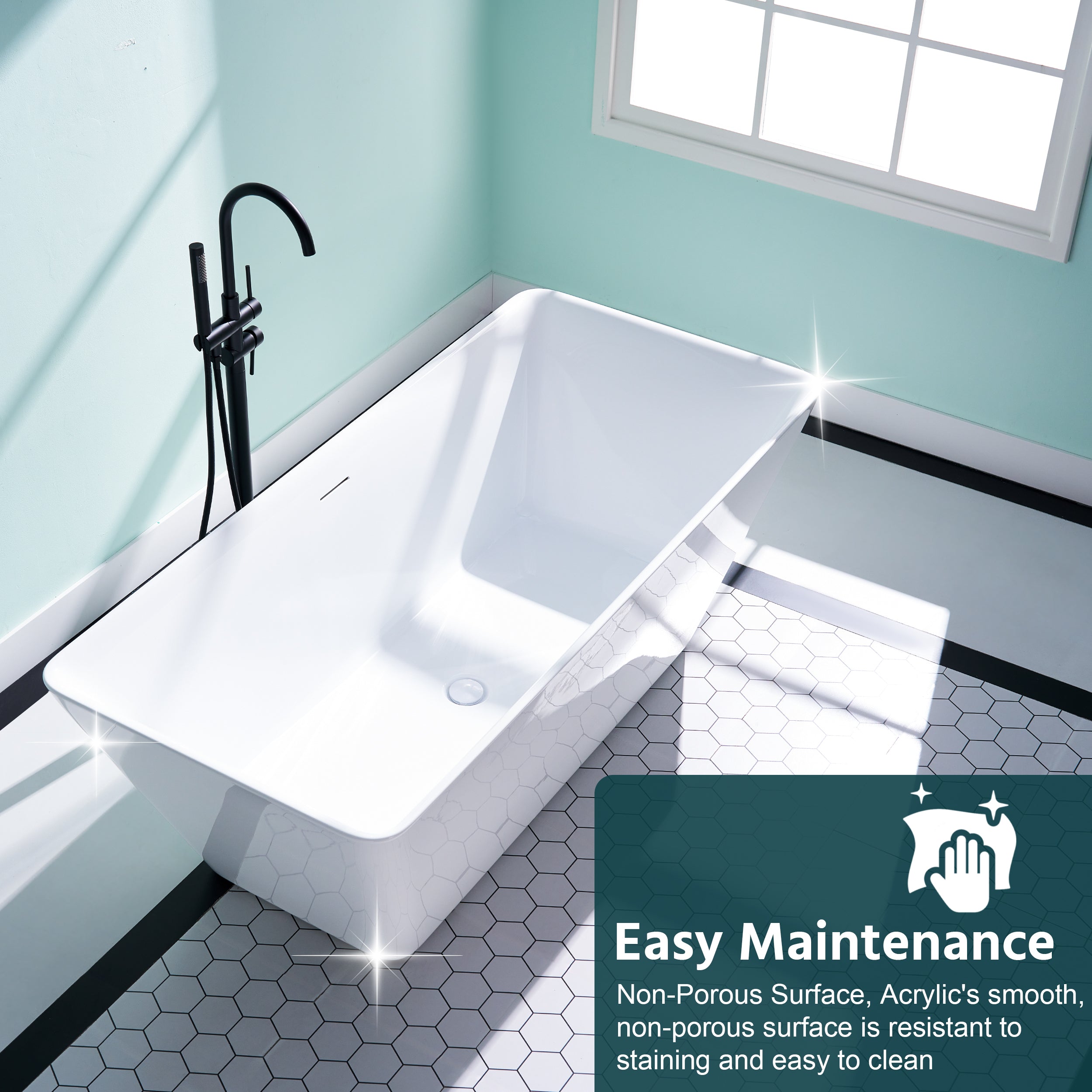 66" Freestanding Glossy White Acrylic Bathtub with Overflow and Drain Rectangle Tub