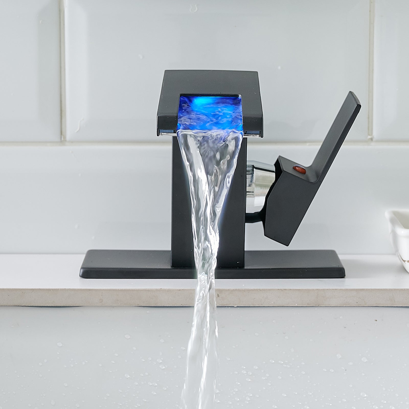 Single Handle LED Waterfall Bathroom Sink Faucet with Deck Plate, Temperature-Sensitive 3-Color Light