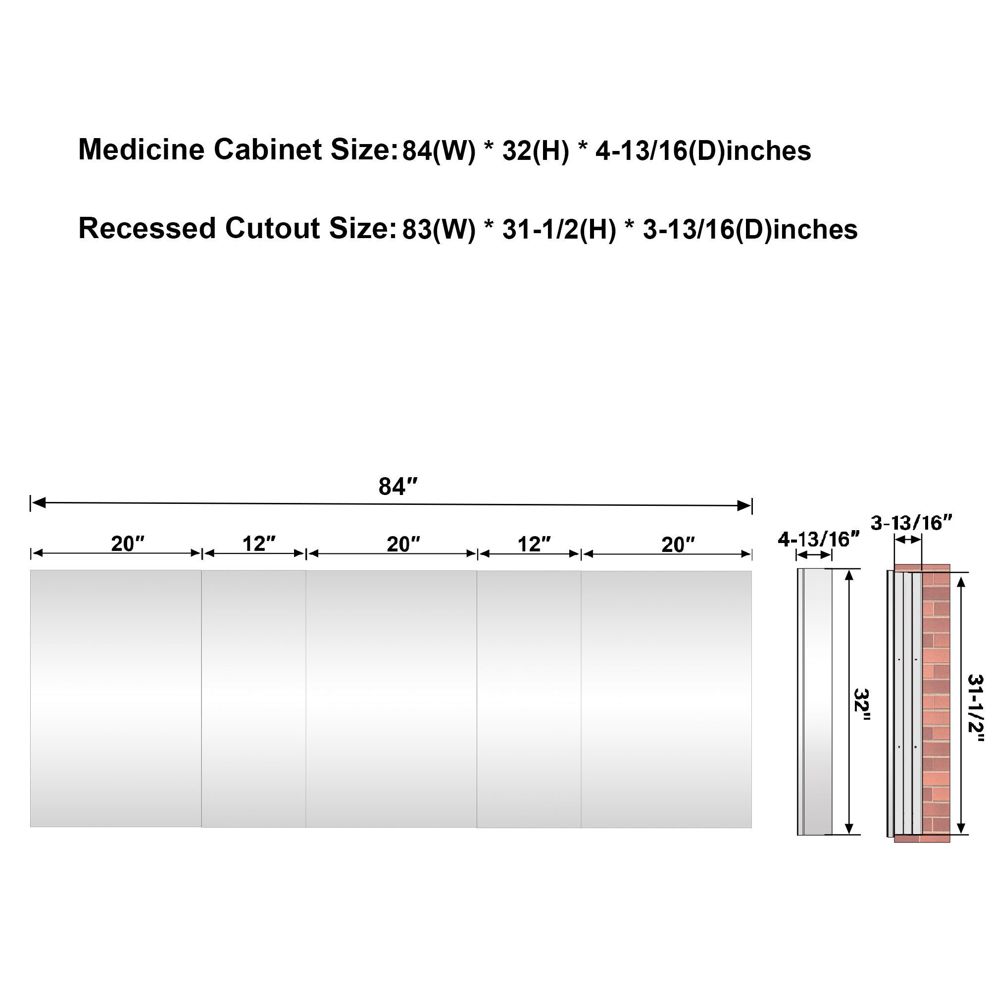 84 in.×32 in.H Copper-Free Mirror Medicine Cabinet with Soft-Close Blum® Hinges and 5 Doors