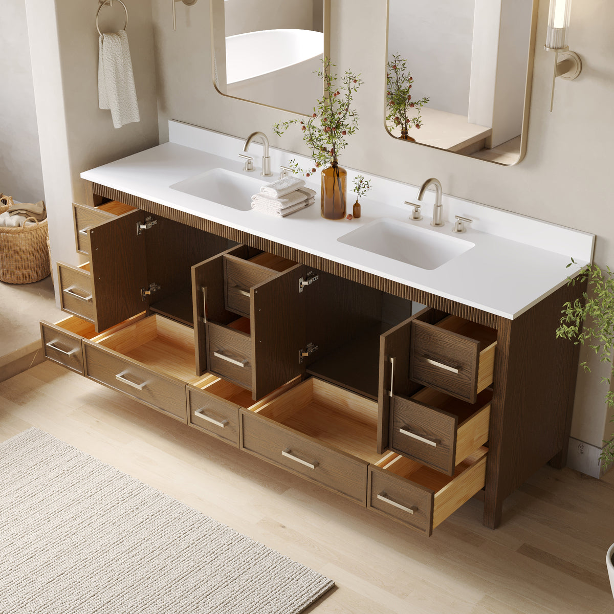 84 Inch Freestanding Solid Wood Bathroom Vanity with Pure White Quartz Countertop, 4 Soft-Close Doors & 11 Dovetail Drawers, Walnut
