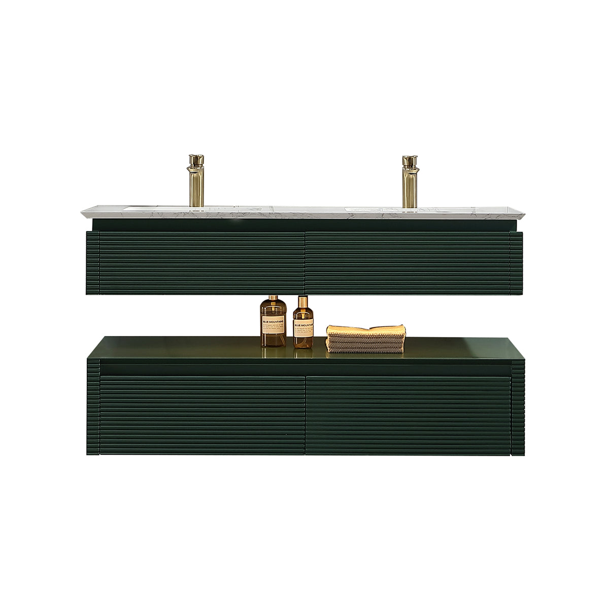 48" Floating Bathroom Vanity Set in Green with LED Light and White Engineered Marble Top with Double Basins