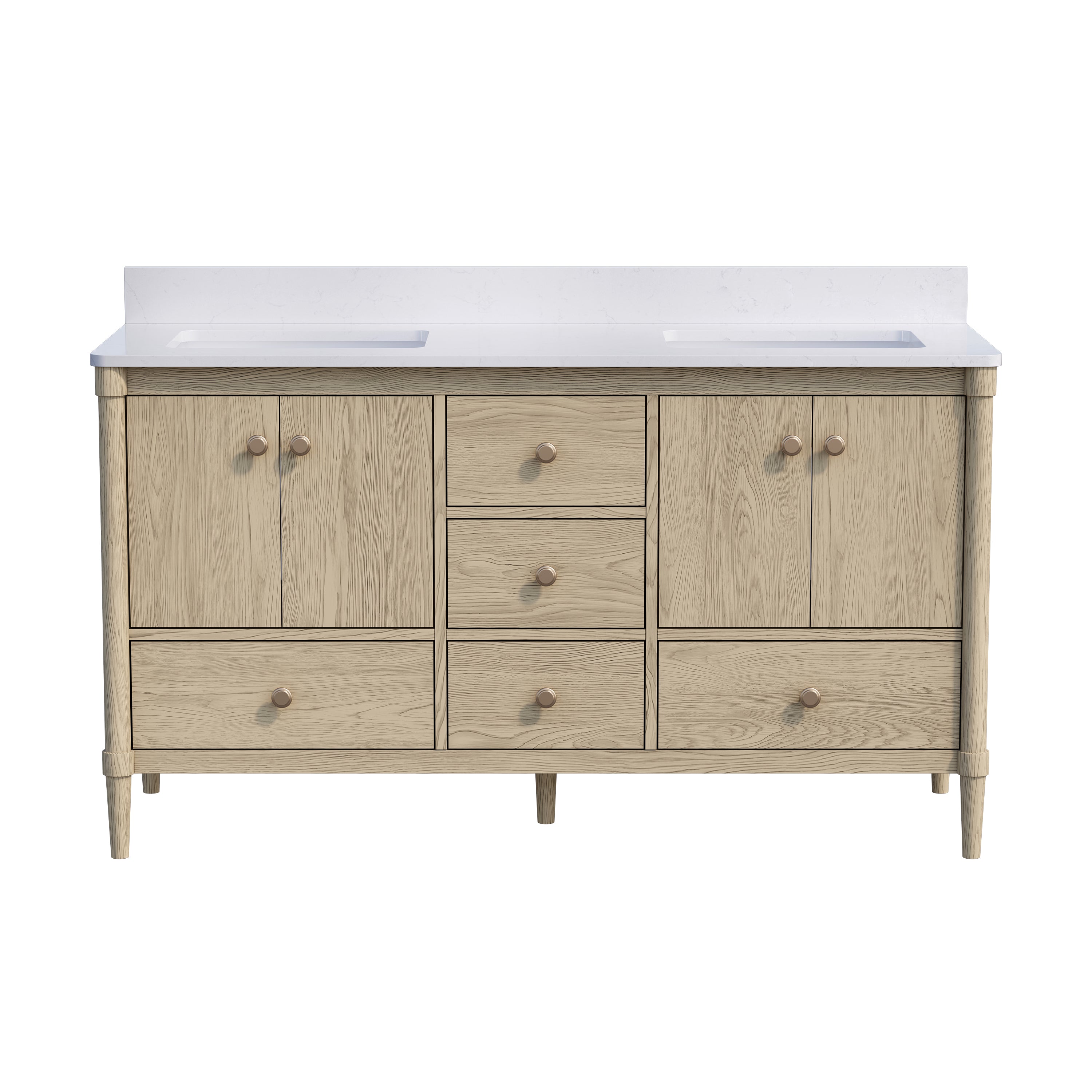 60-Inch Freestanding Oak Bathroom Vanity with Carrara White Quartz Top Sinks