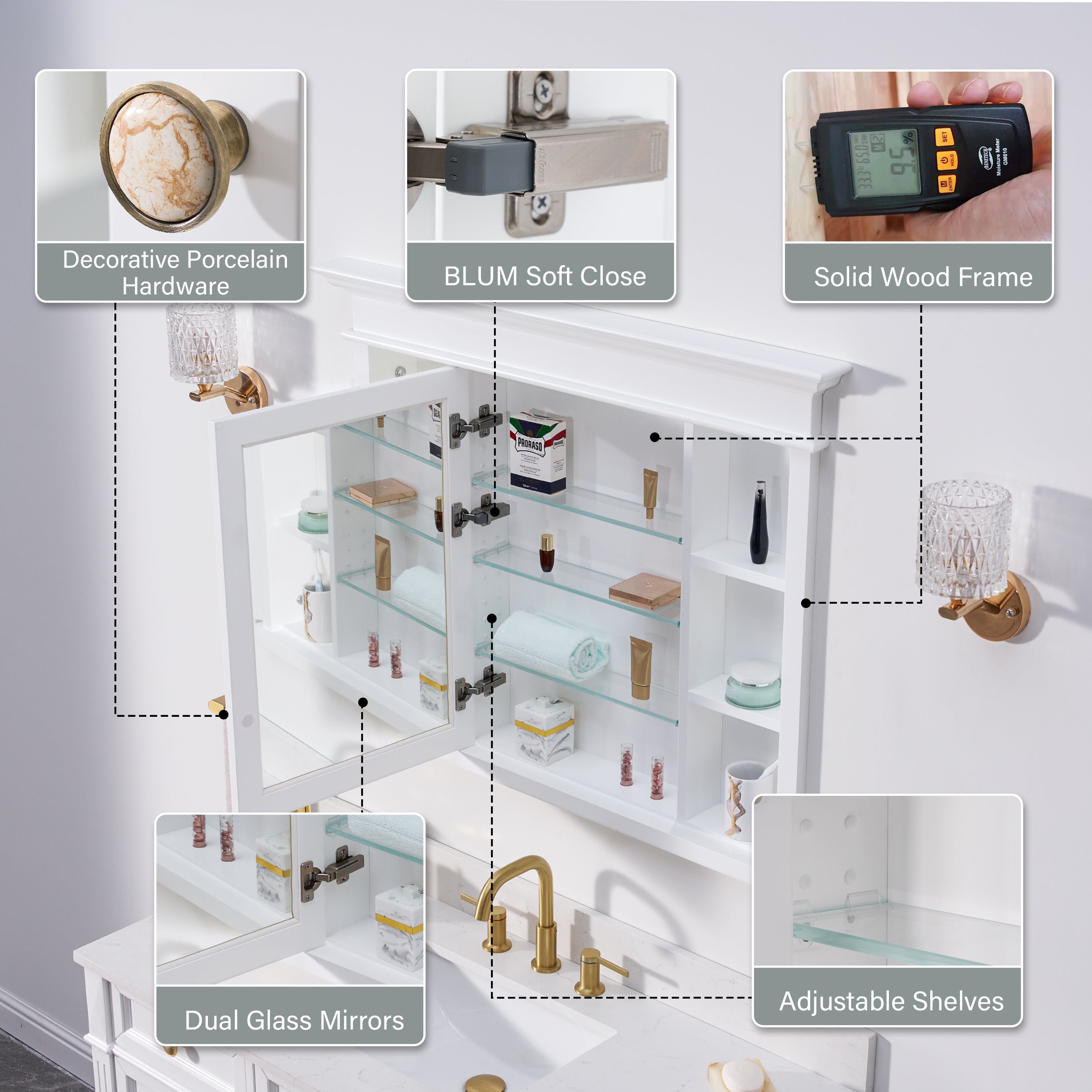 40 in.W x 32 in.H Recessed Bathroom Solid Wood Medicine Cabinet with Mirror in White