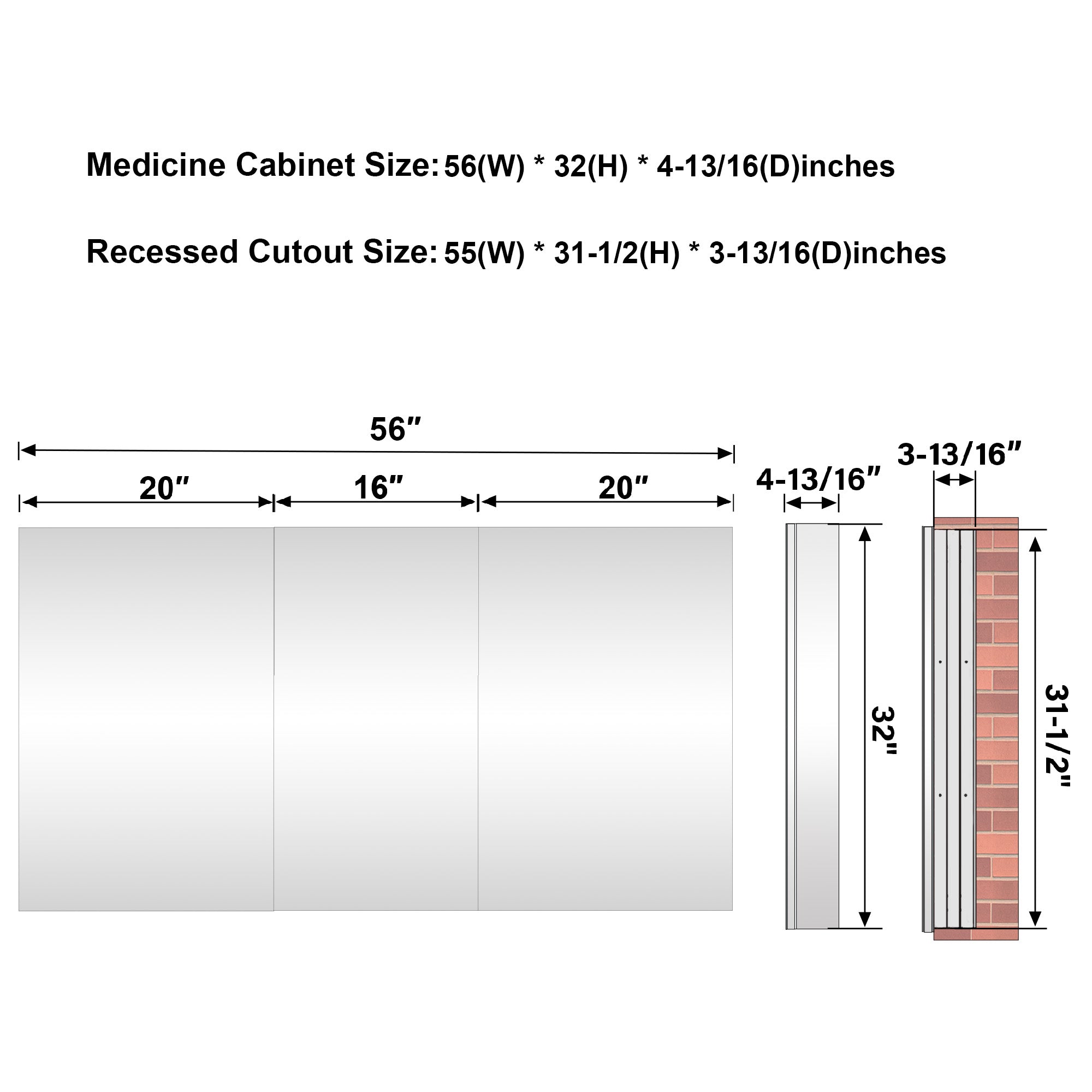 56 in.×32 in.H Copper-Free Mirror Medicine Cabinet with Soft-Close Blum® Hinges and 3 Doors