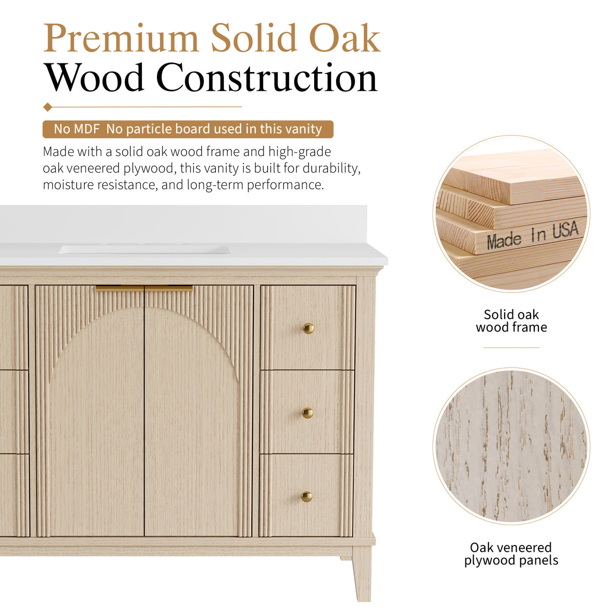 48 Inch Modern Light Oak Solid Wood Bathroom Vanity with White Quartz Countertop & Soft-Close Drawers