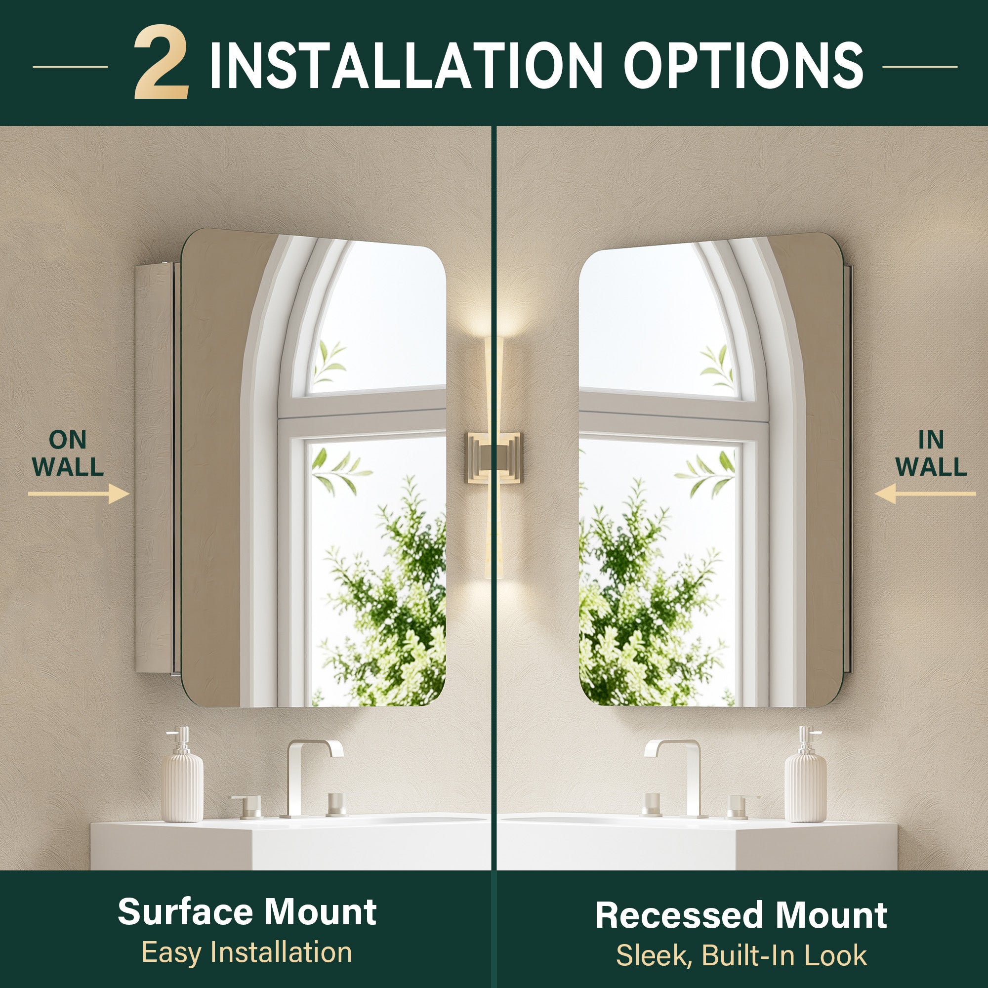 24 in. × 32 in. Aluminum Mirror Medicine Cabinet with Reversible Door Swing, Recessed or Surface Mount, Adjustable Shelves