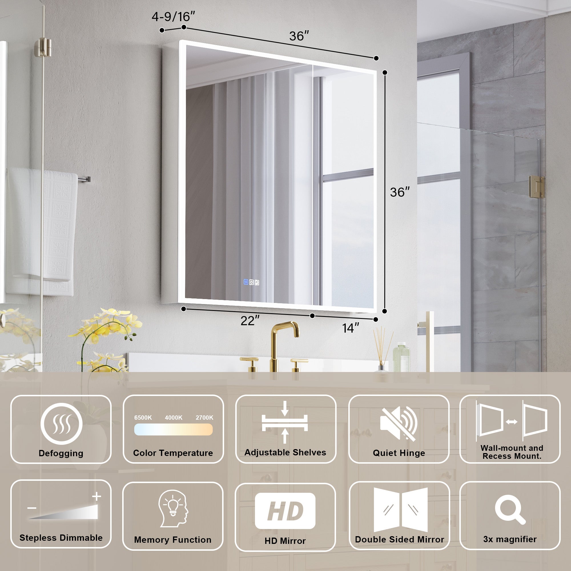 36 in. x 36 in. Recessed/Surface Mount LED Medicine Cabinet with 3X Magnifier Glass Mirror and Dual Doors